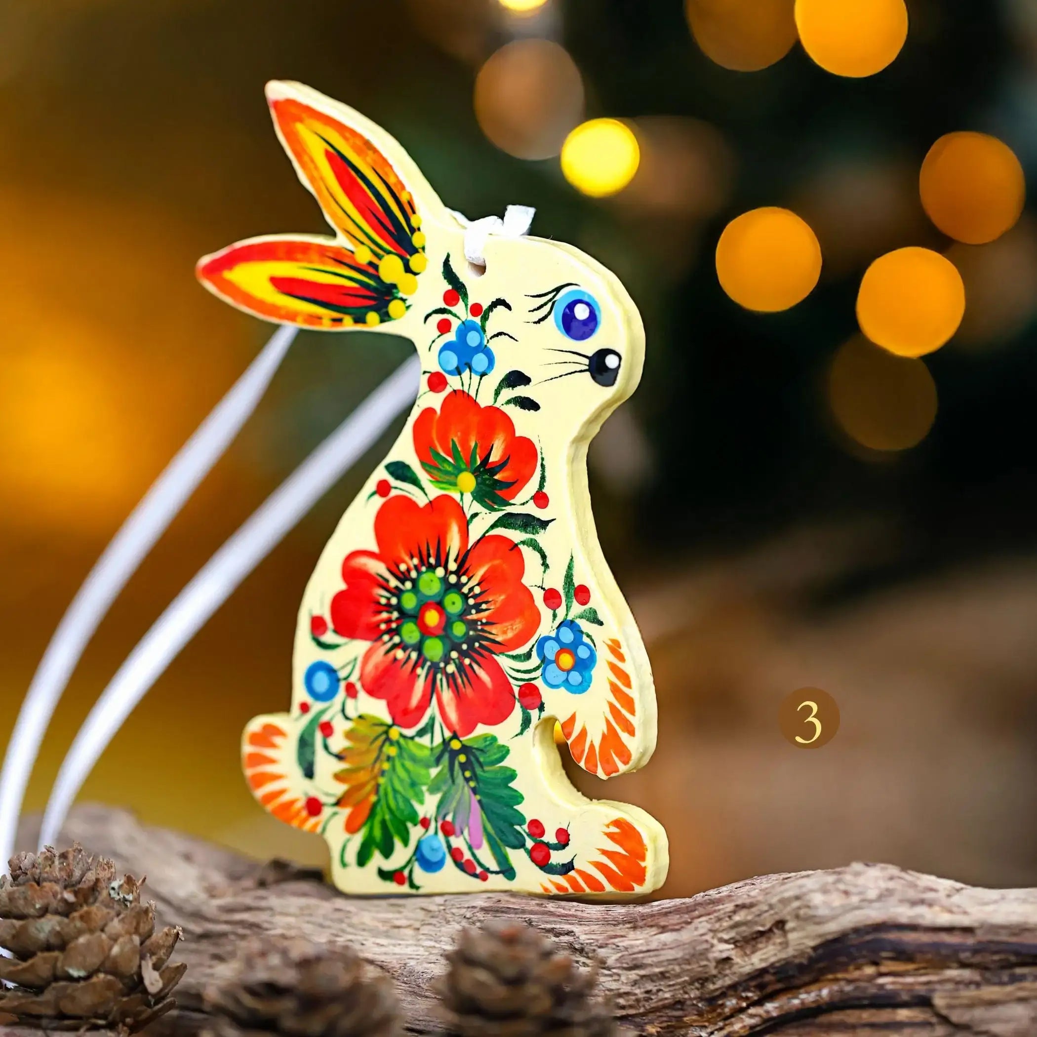 Personalized Wooden Bunny Christmas Ornament - Hand-painted Ukrainian Petrykivka Folk Art Christmas Tree Decoration