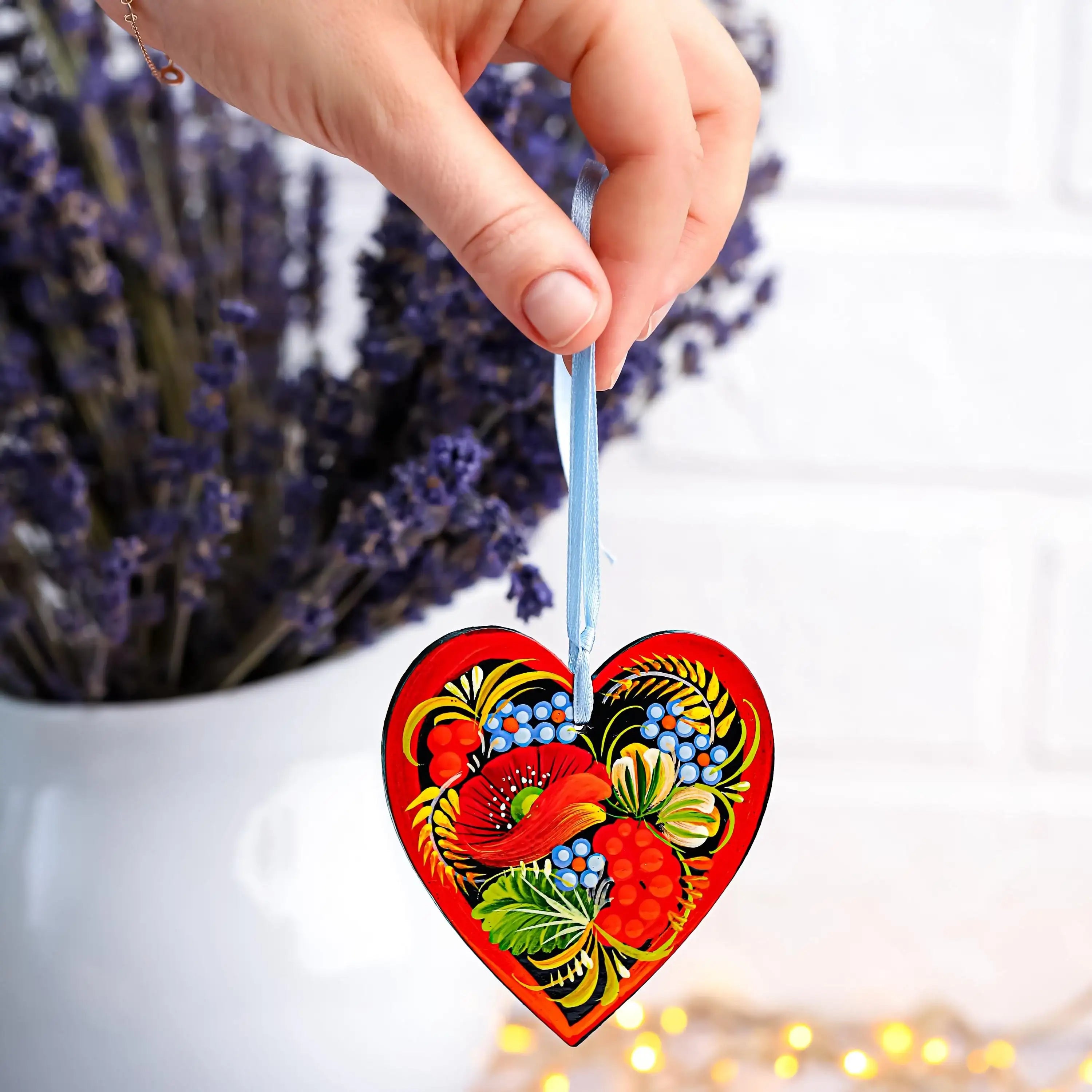 Personalized Heart Christmas Ornament - Hand-painted Wooden Ukrainian Petrykivka Folk Art Christmas Tree Decoration