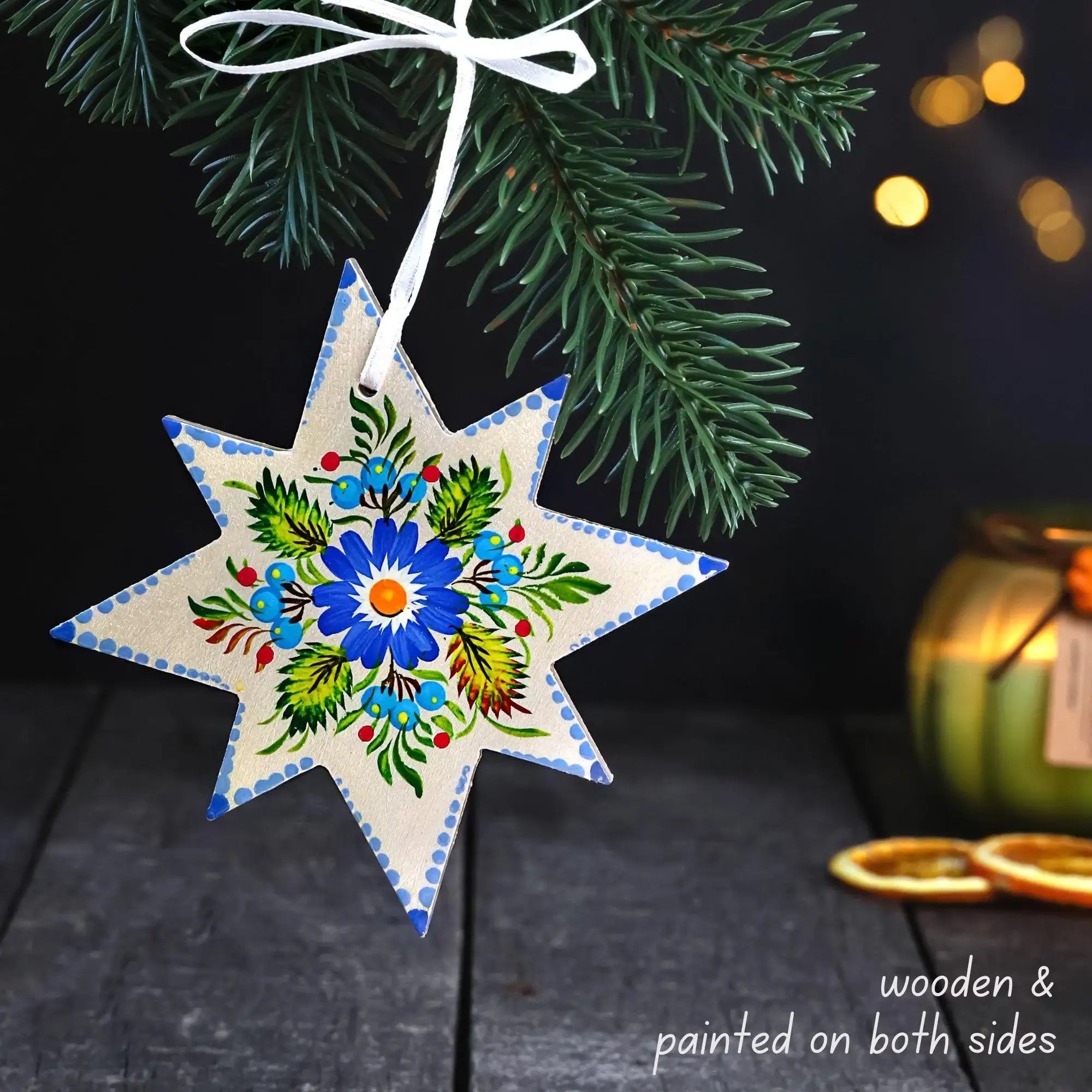 Painted Wooden Star Christmas Ornament - Ukrainian Petrykivka Folk Art Tree Decoration, Handmade Purple Flower Star