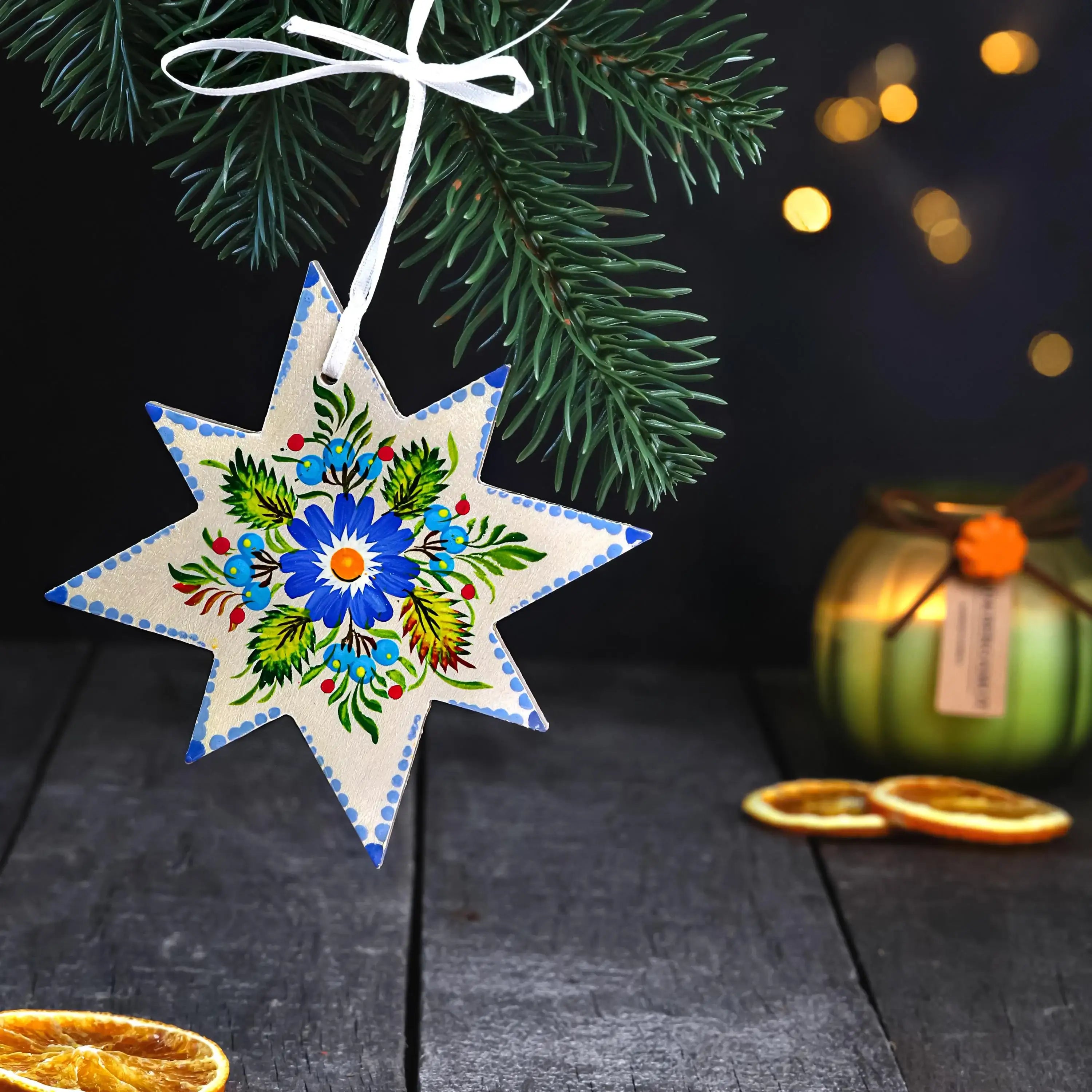 Painted Wooden Star Christmas Ornament - Ukrainian Petrykivka Folk Art Tree Decoration, Handmade Red & Green Flower Star
