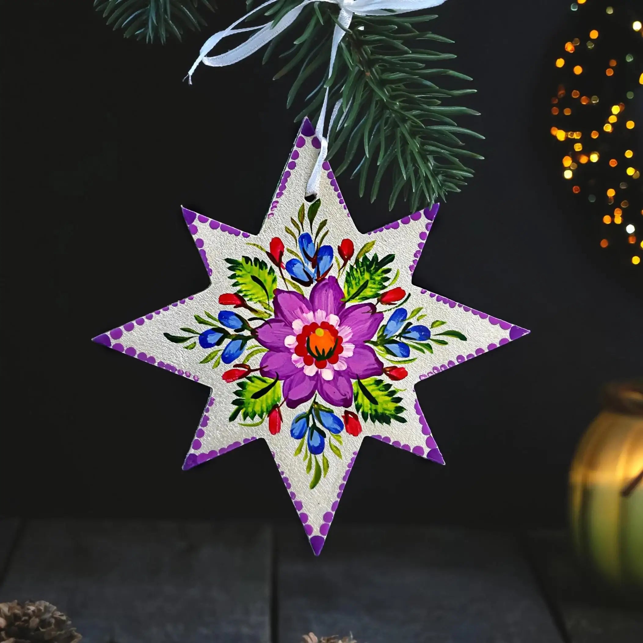 Painted Wooden Star Christmas Ornament - Ukrainian Petrykivka Folk Art Tree Decoration, Handmade Red & Green Flower Star