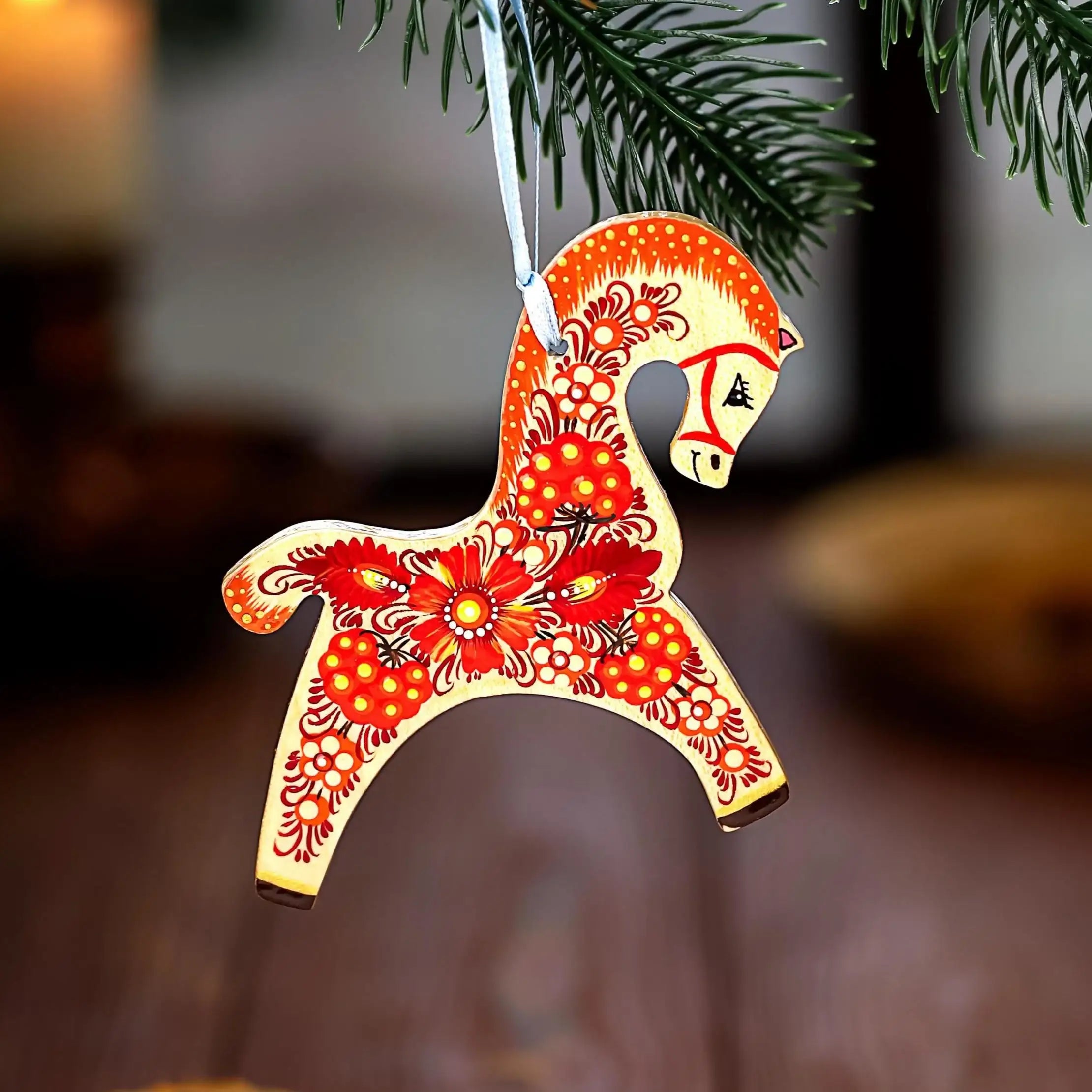 Painted Wooden Horse Christmas Ornament - Ukrainian Petrykivka Folk Art Tree Decoration, Personalized Gift