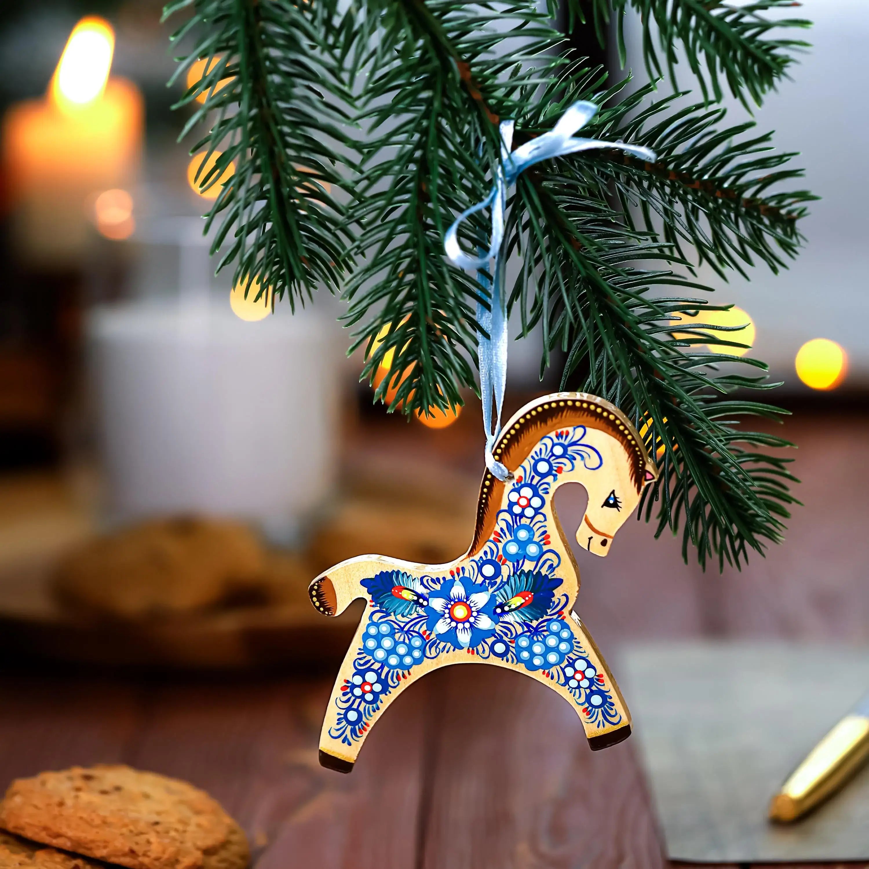 Painted Wooden Horse Christmas Ornament - Ukrainian Petrykivka Folk Art Tree Decoration, Personalized Gift