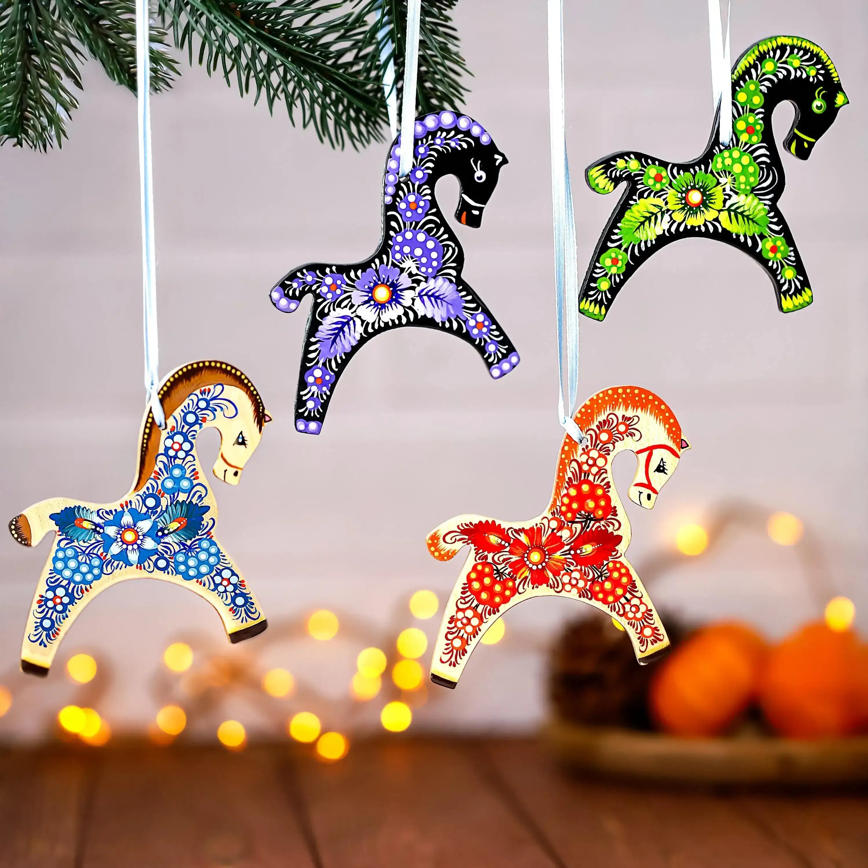 Personalized Horse Christmas Ornament - Hand-painted Ukrainian Petrykivka Folk Art Tree Decoration