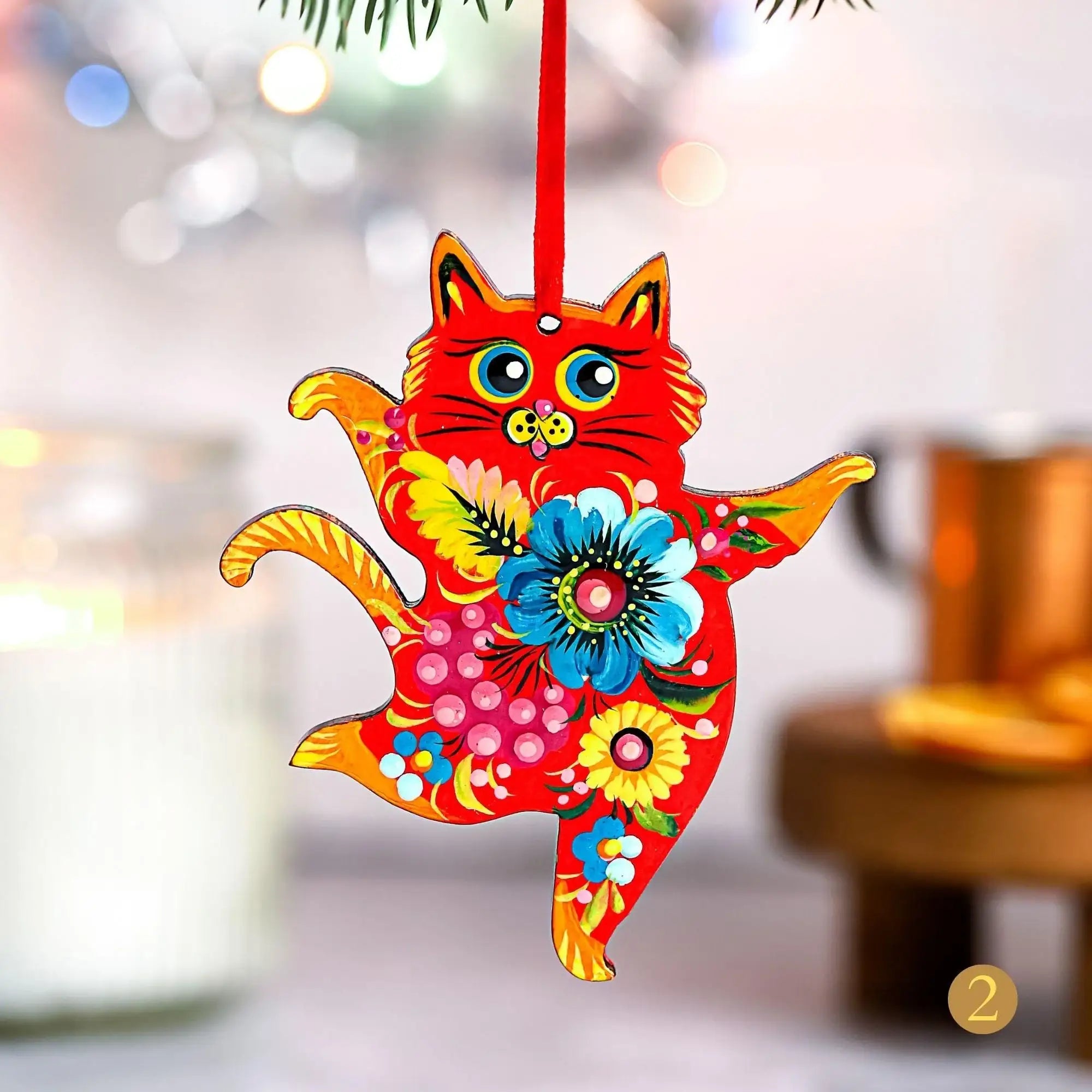 Personalized Painted Wooden Dancing Cat Christmas Ornament - Ukrainian Petrykivka Folk Art Christmas Decoration