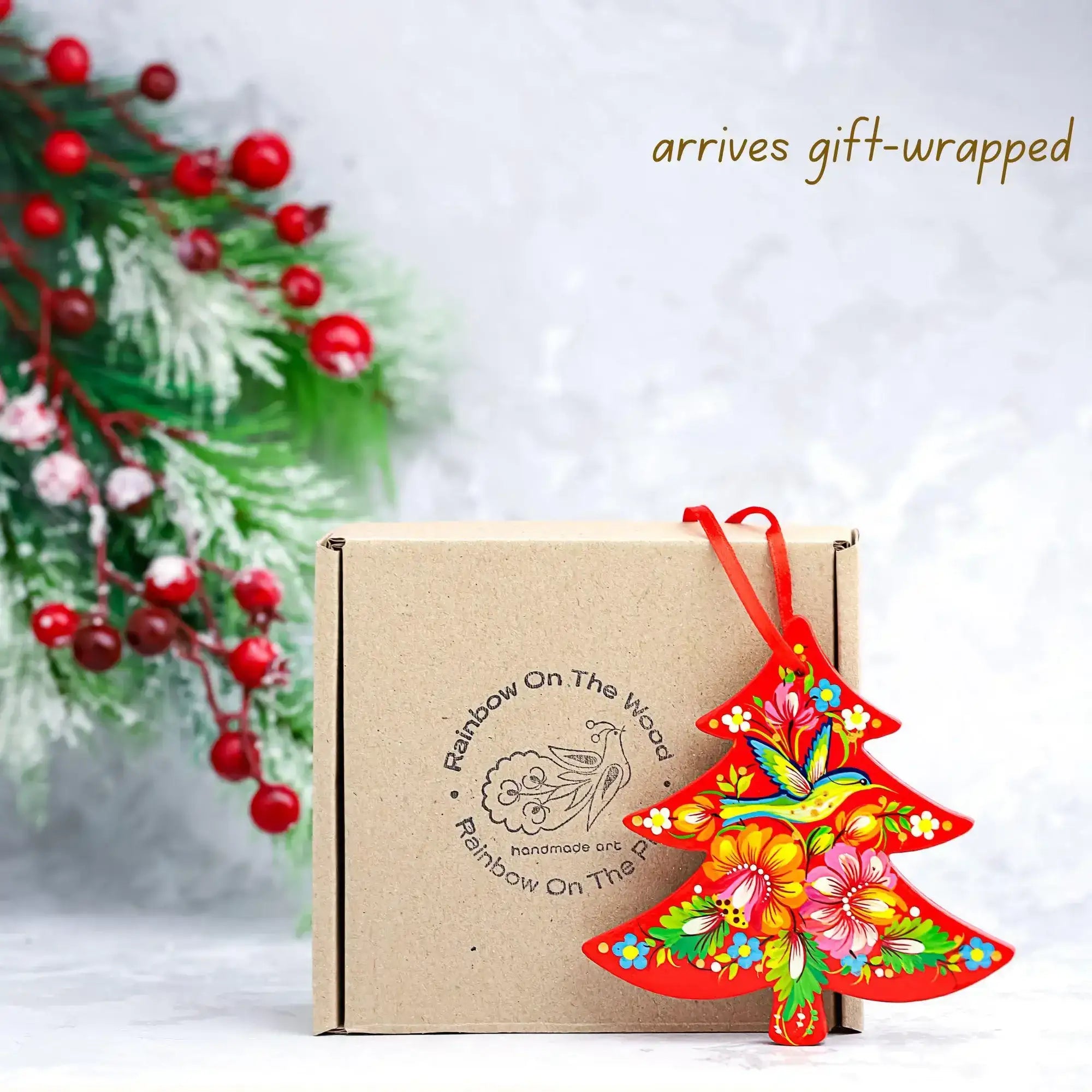 Personalized Wooden Hummingbird Ornament - Painted Red Flower Christmas Tree with Ukrainian Petrykivka Folk Art, Personalized Gift