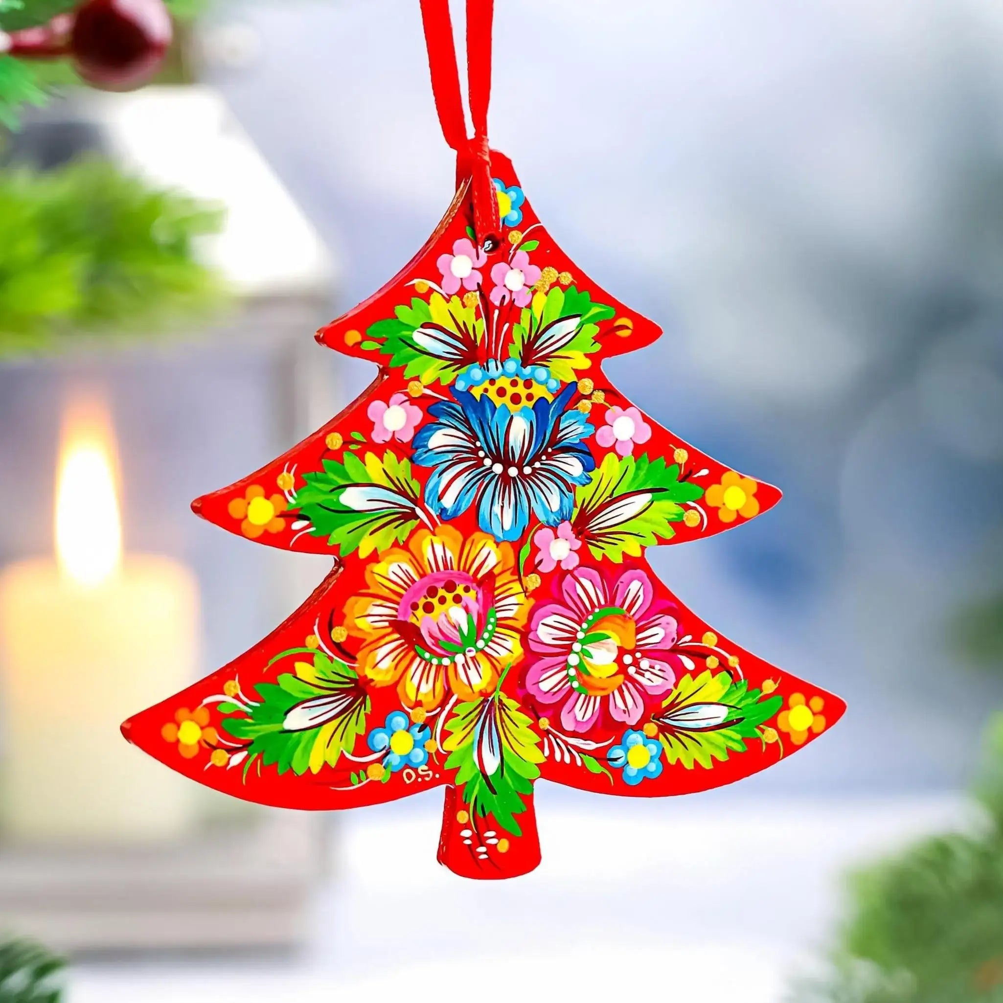 Personalized Wooden Hummingbird Ornament - Painted Red Flower Christmas Tree with Ukrainian Petrykivka Folk Art, Personalized Gift