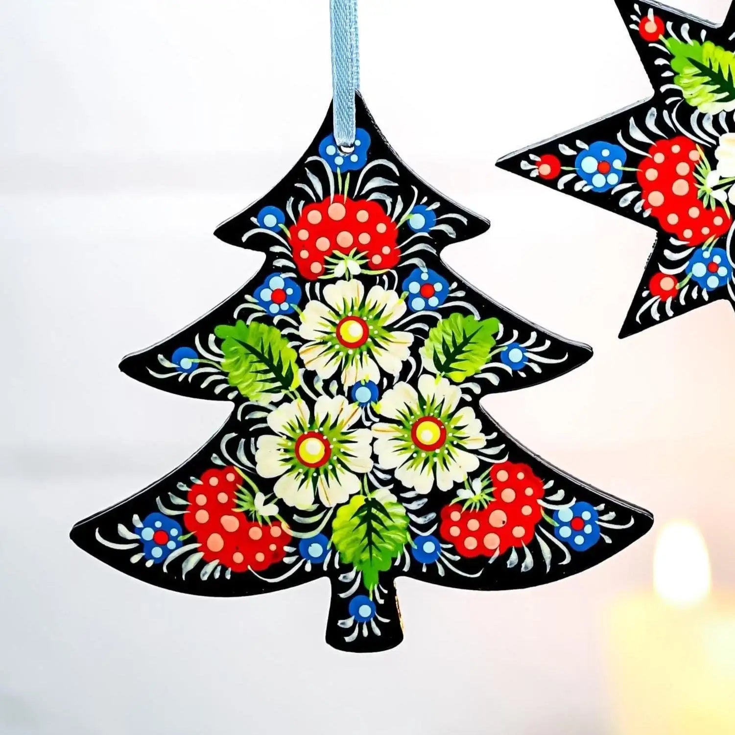 Painted Wooden Tree-Shaped Christmas Ornament - Handmade Ukrainian Petrykivka Folk Art Tree Decoration, Personalized Gift