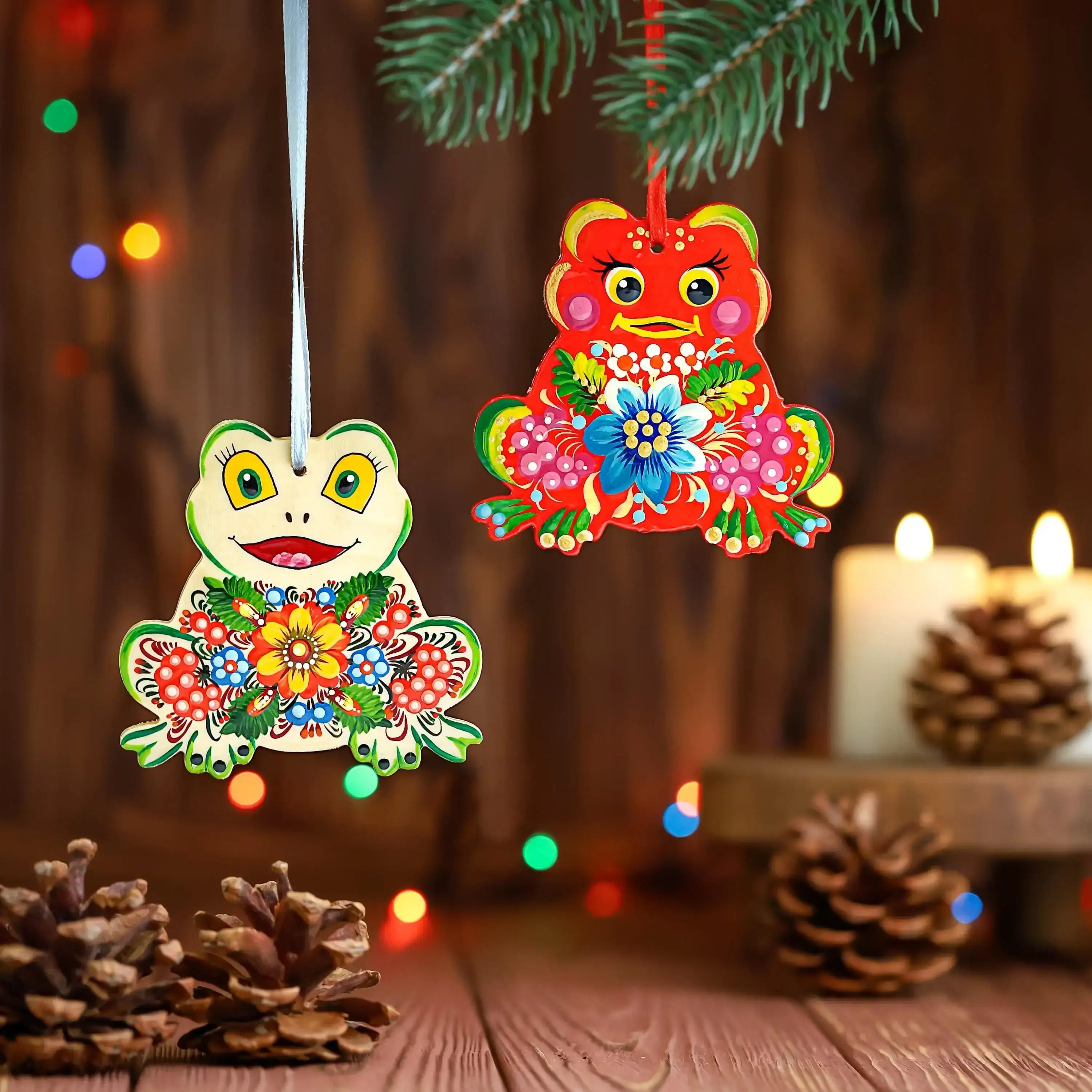 Hand-painted Wooden Frog Christmas Ornament - Ukrainian Petrykivka Folk Art Tree Decoration
