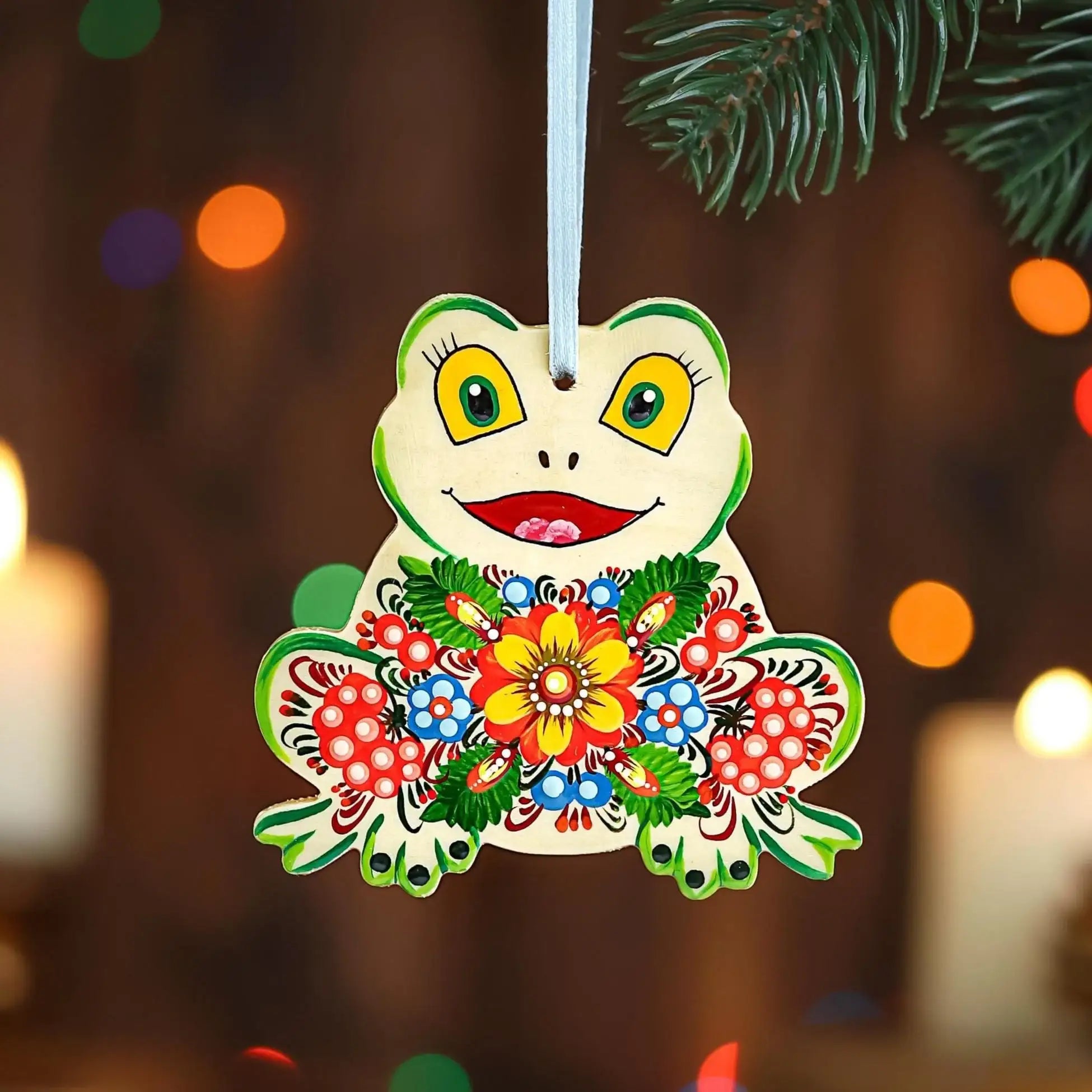 Hand-painted Wooden Frog Christmas Ornament - Ukrainian Petrykivka Folk Art Tree Decoration