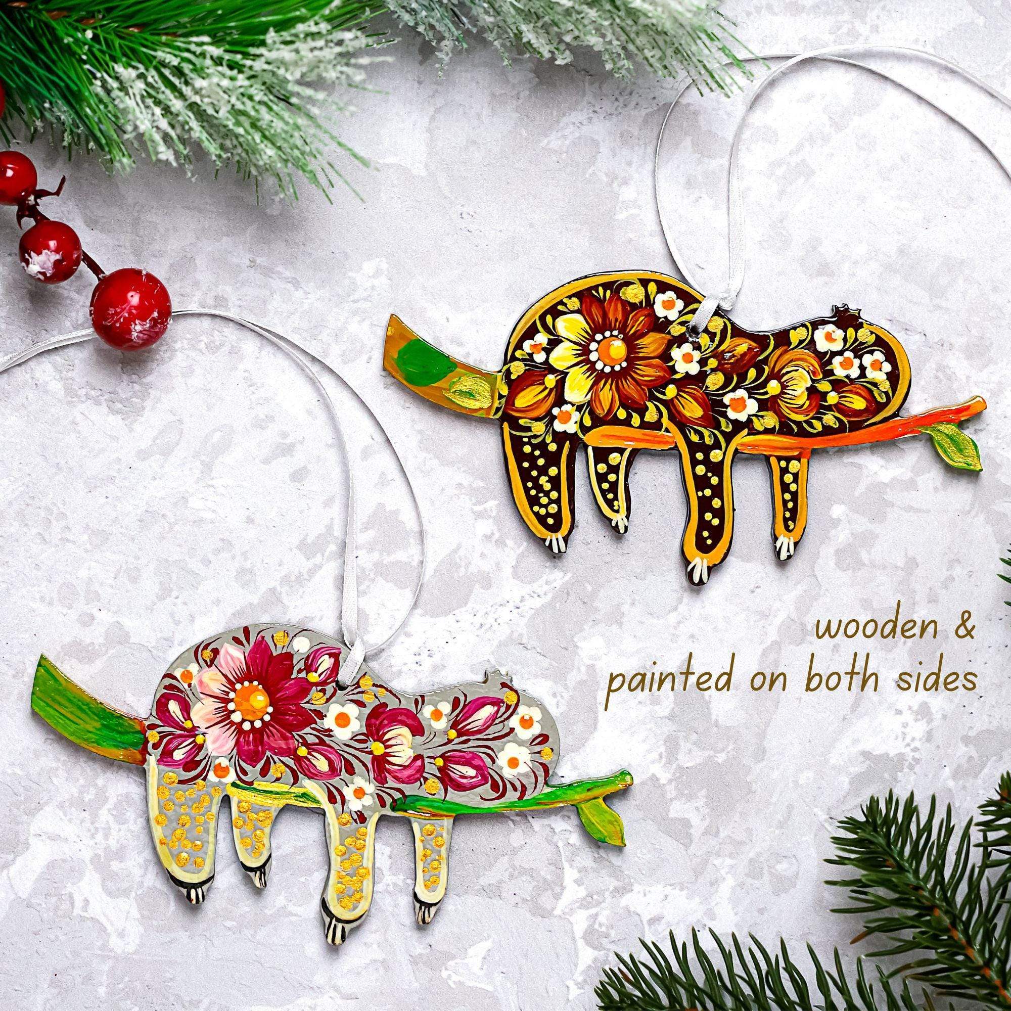 Hand-painted Wooden Sloth Christmas Ornament with Pink & Gray Flowers - Ukrainian Petrykivka Folk Art Tree Decoration, Personalized Gift