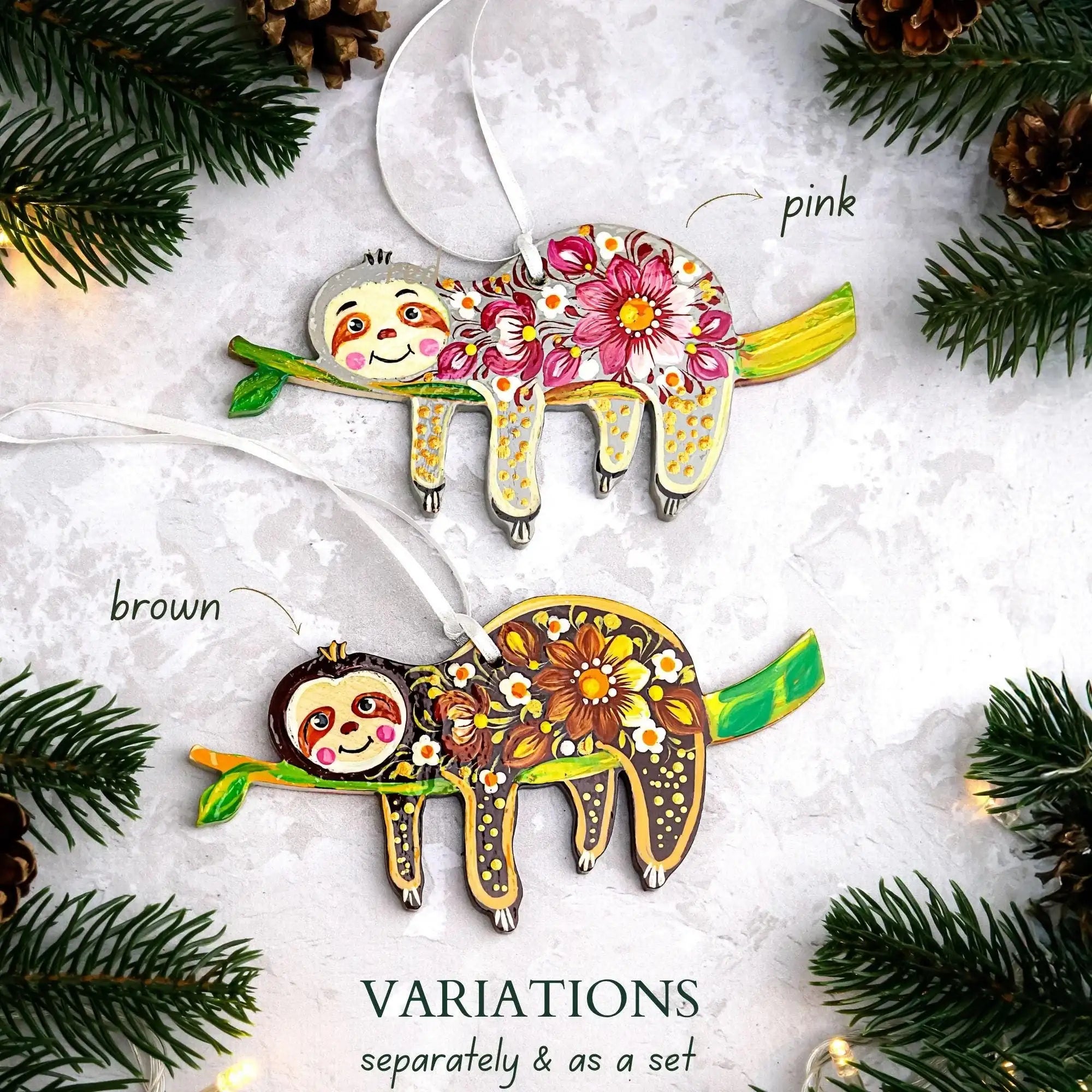 Hand-painted Wooden Sloth Christmas Ornament - Ukrainian Petrykivka Folk Art Tree Decoration, Personalized Gift