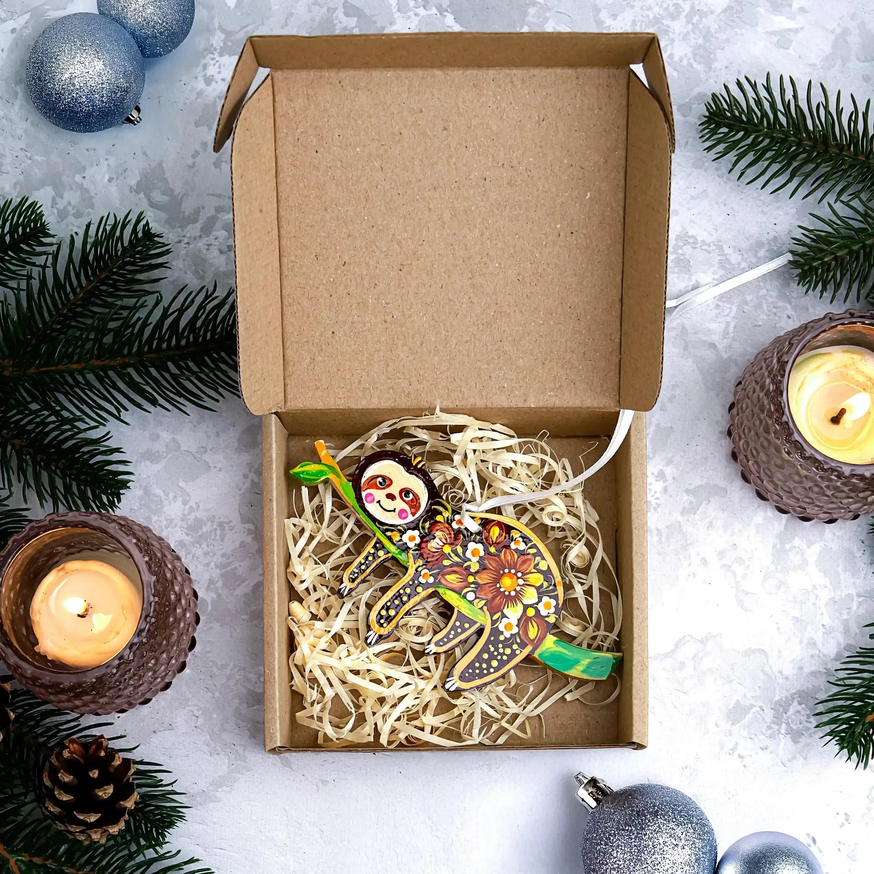 Hand-painted Wooden Sloth Christmas Ornament - Ukrainian Petrykivka Folk Art Tree Decoration, Personalized Gift