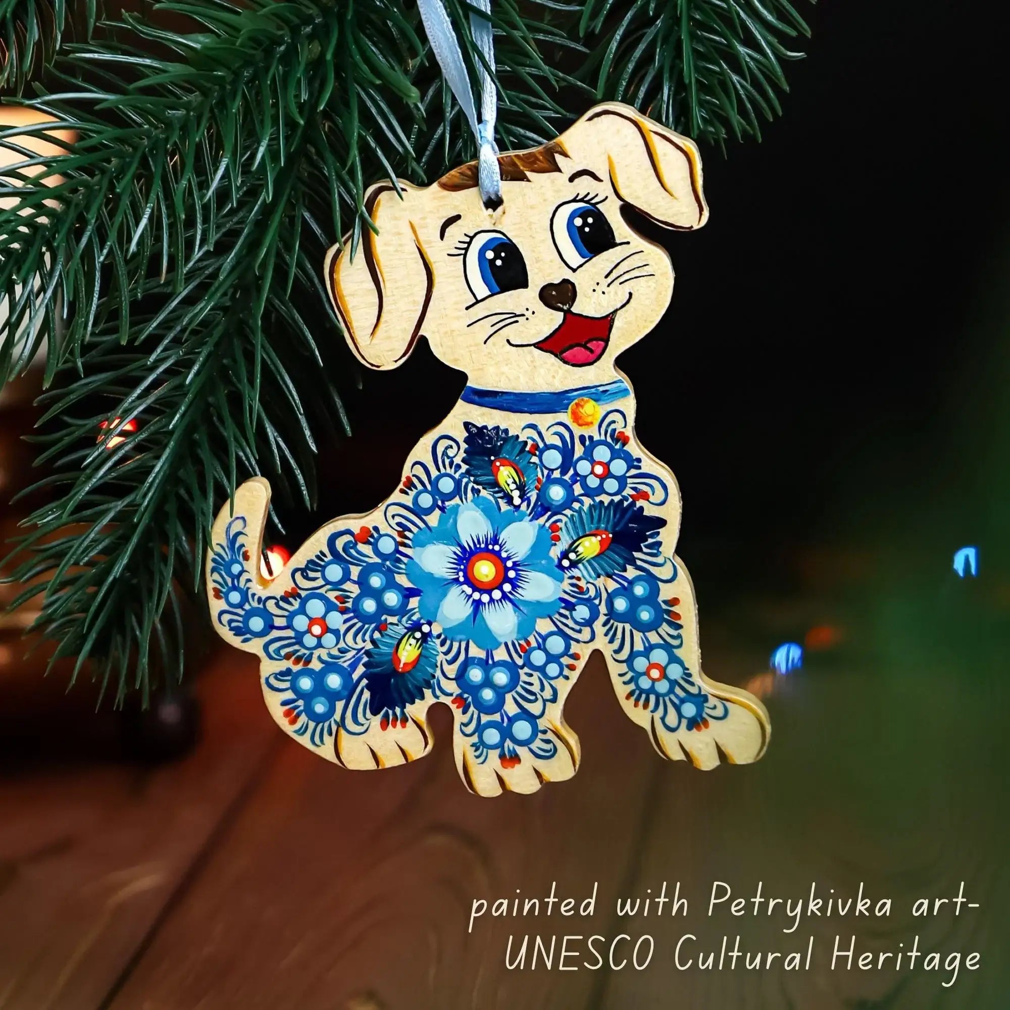 Painted Wooden Dog Christmas Ornament - Ukrainian Petrykivka Folk Art Christmas Tree Decoration, Personalized Gift