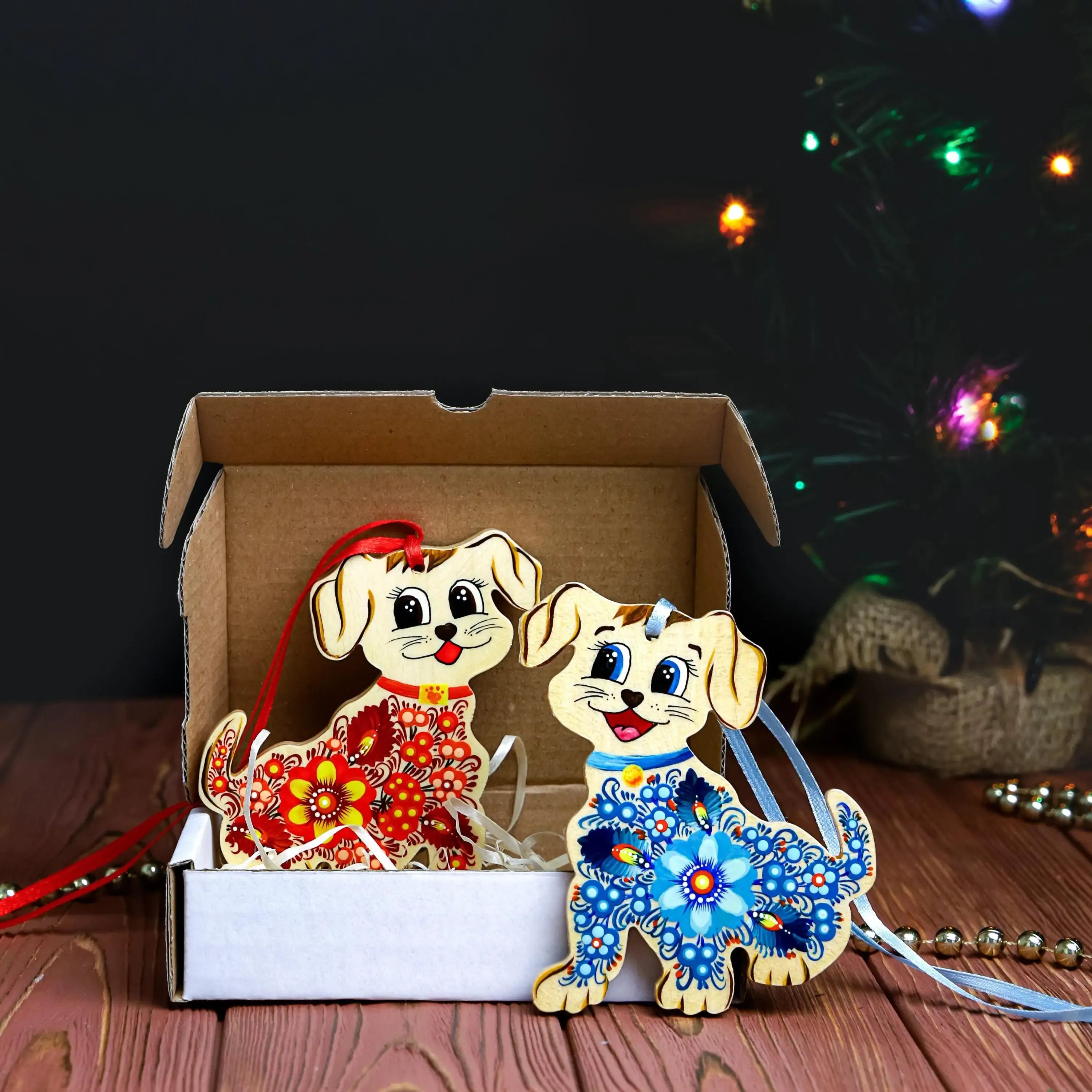 Painted Wooden Dog Christmas Ornament - Ukrainian Petrykivka Folk Art Christmas Tree Decoration, Personalized Gift