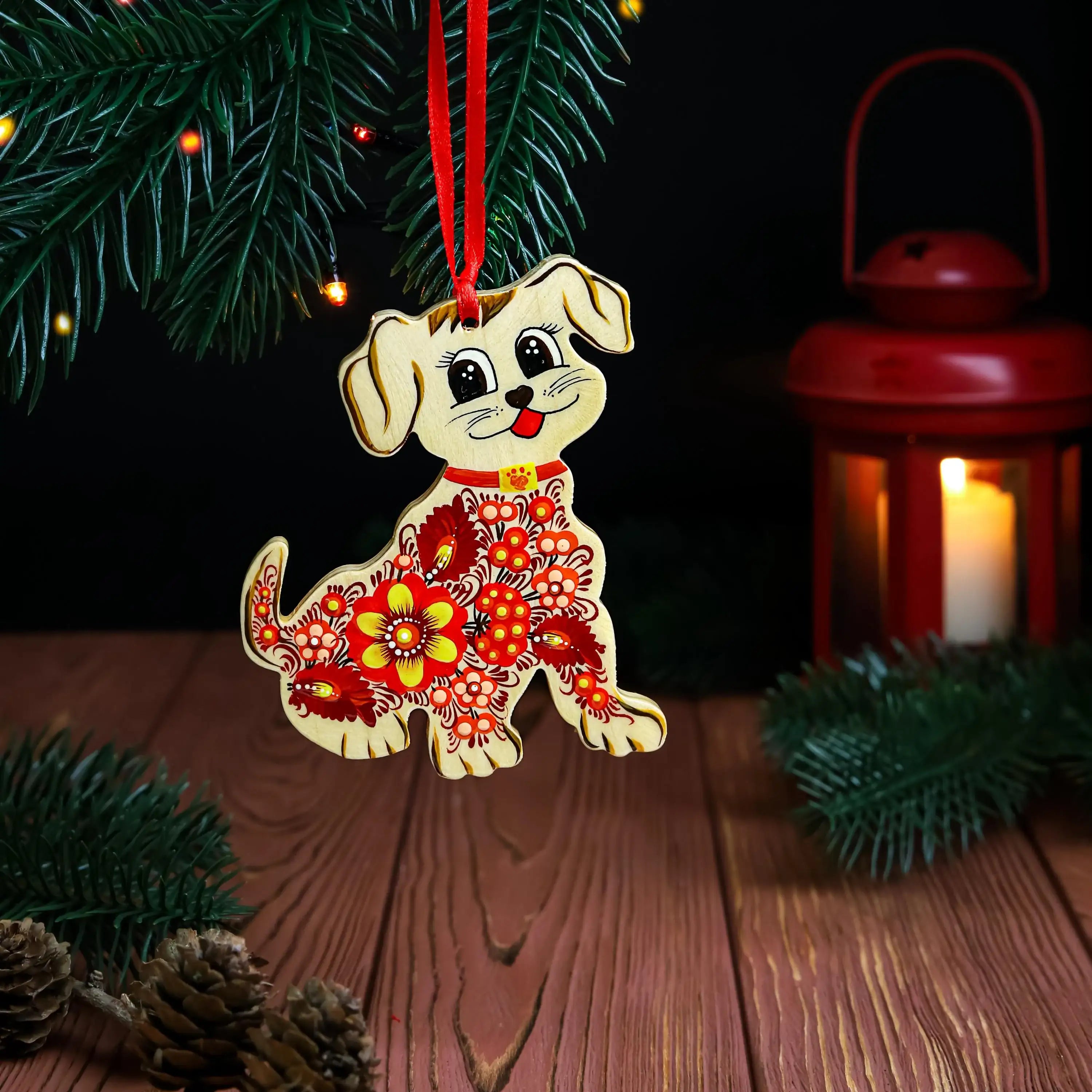 Painted Wooden Dog Christmas Ornament - Ukrainian Petrykivka Folk Art Christmas Tree Decoration, Personalized Gift