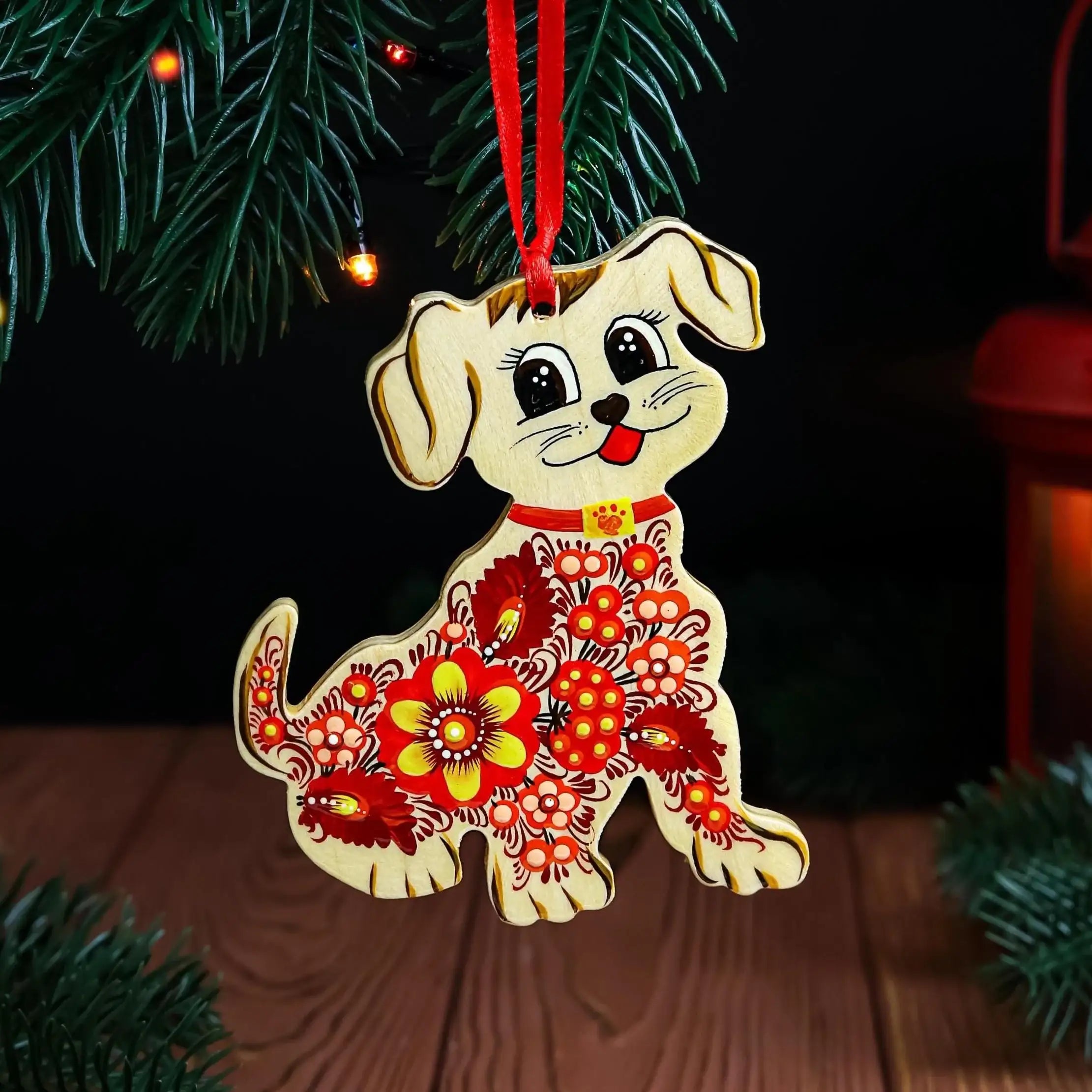 Painted Wooden Dog Christmas Ornament - Ukrainian Petrykivka Folk Art Christmas Tree Decoration, Personalized Gift