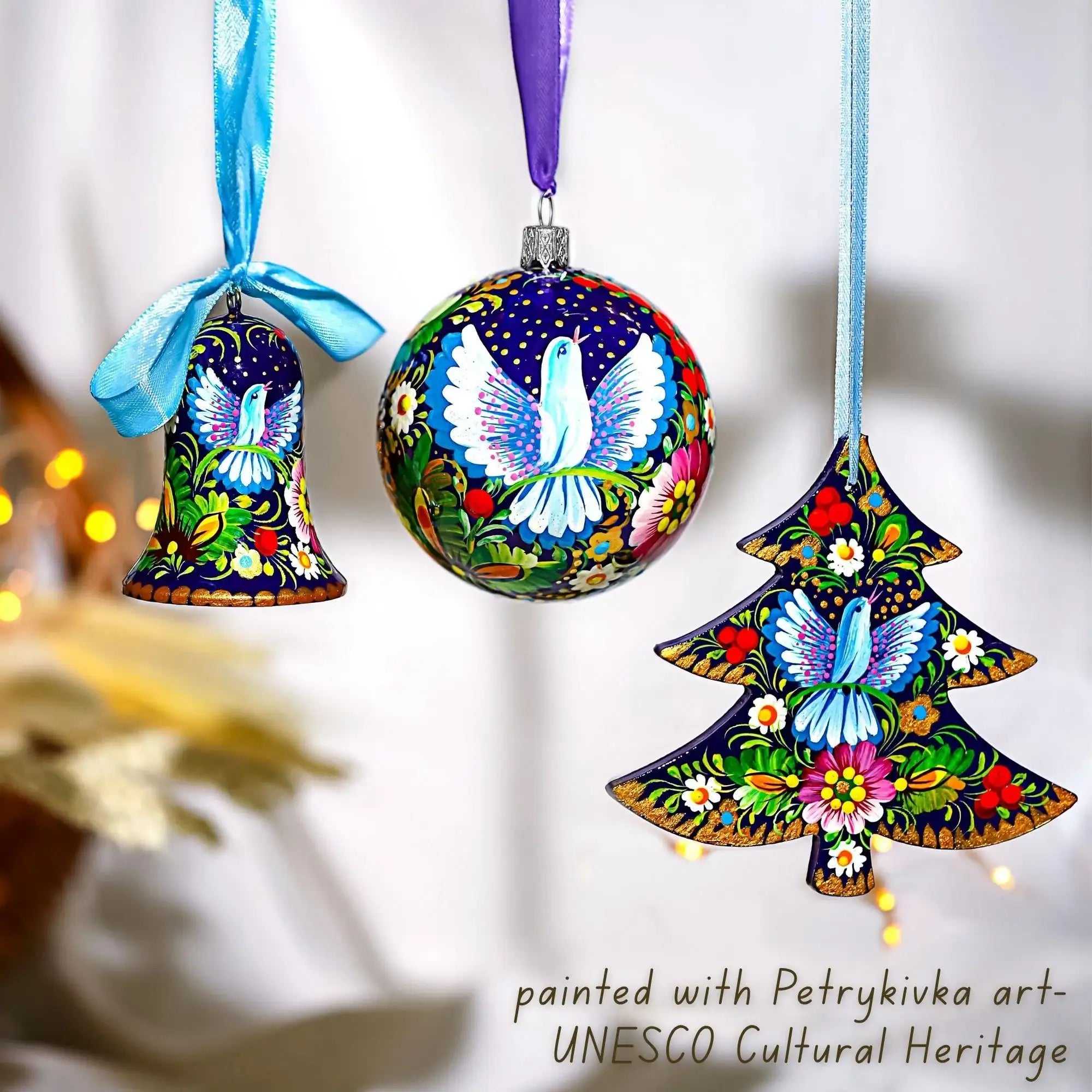 Personalized Dove Christmas Ball Ornament 3.14 in - Hand-painted Ukrainian Petrykivka Folk Art Tree Decoration