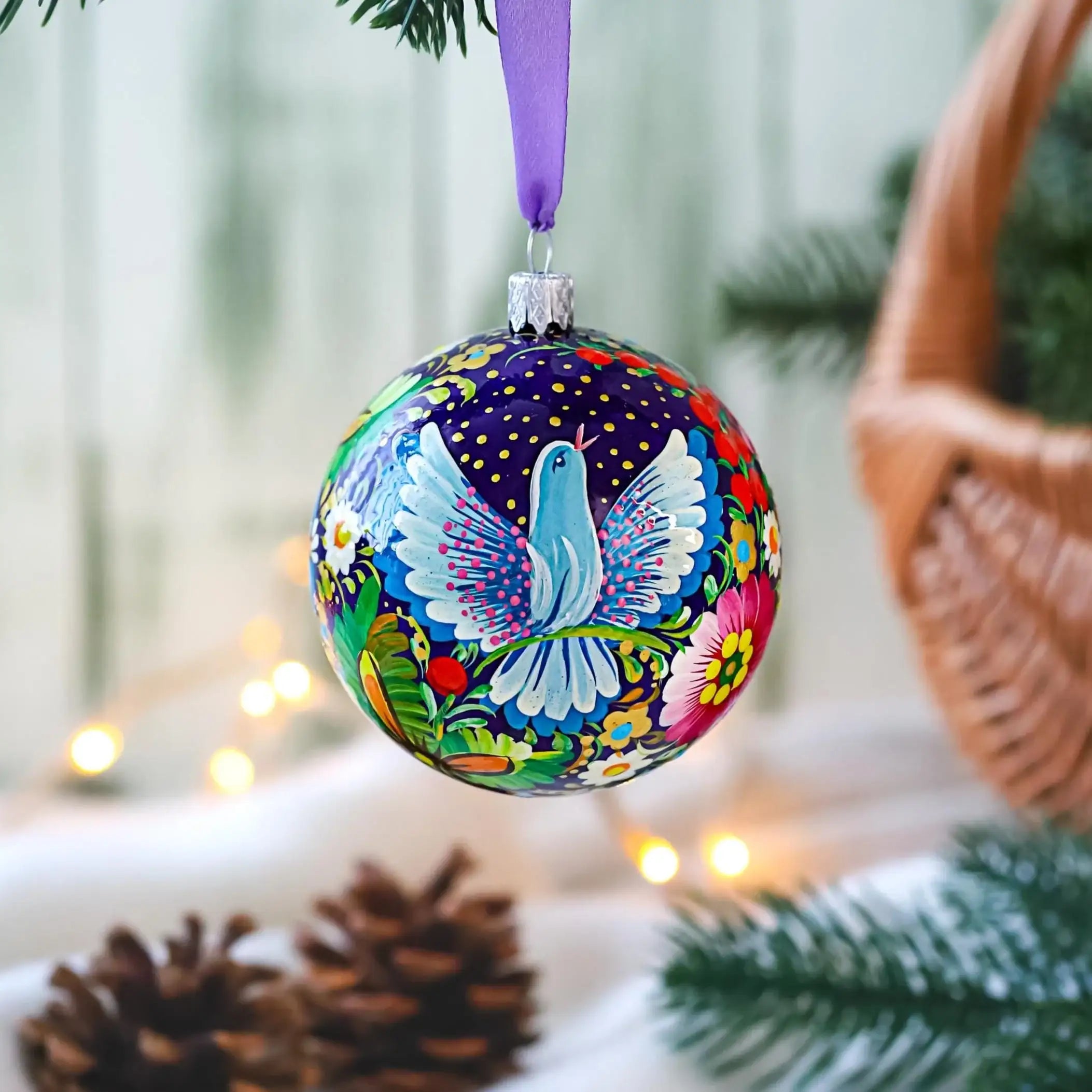 Personalized Dove Christmas Ball Ornament 3.14 in - Hand-painted Ukrainian Petrykivka Folk Art Tree Decoration