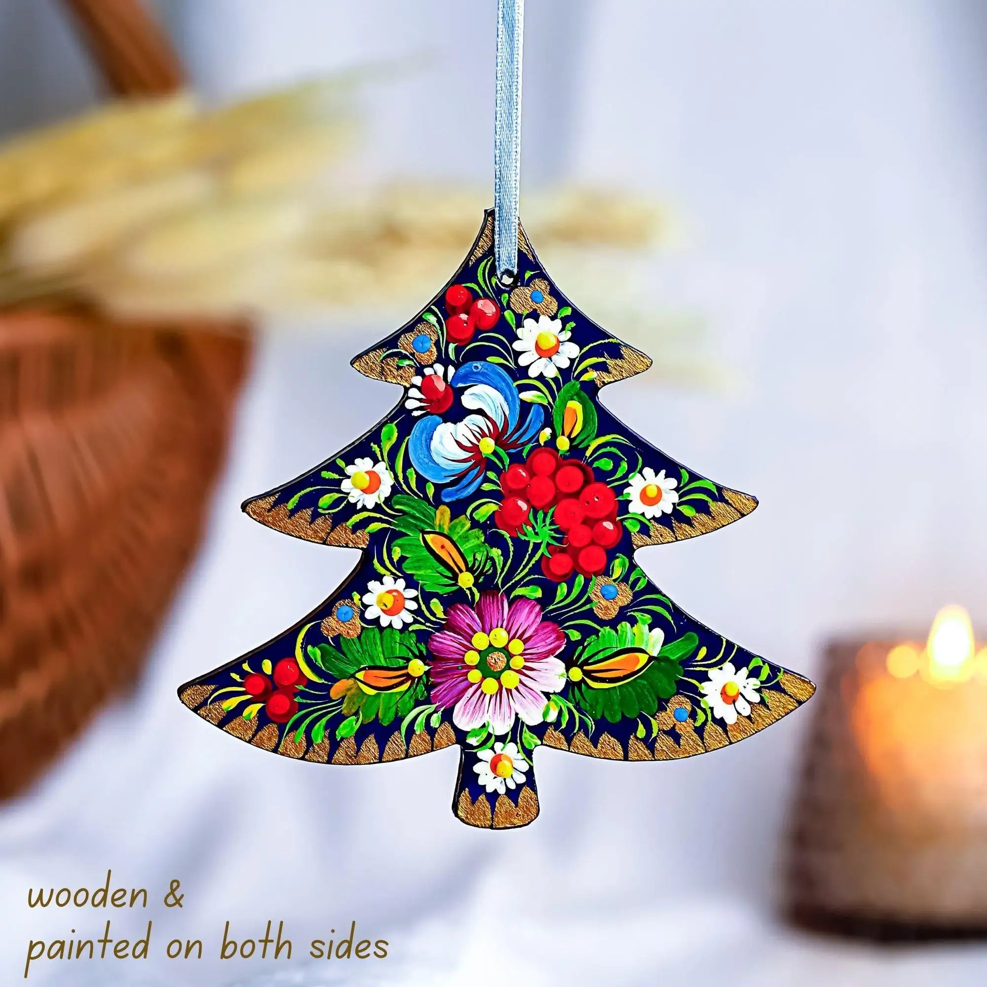 Personalized Dove Christmas Ornament - Painted Wooden Christmas Tree-shaped Decoration with Ukrainian Petrykivka Folk Art