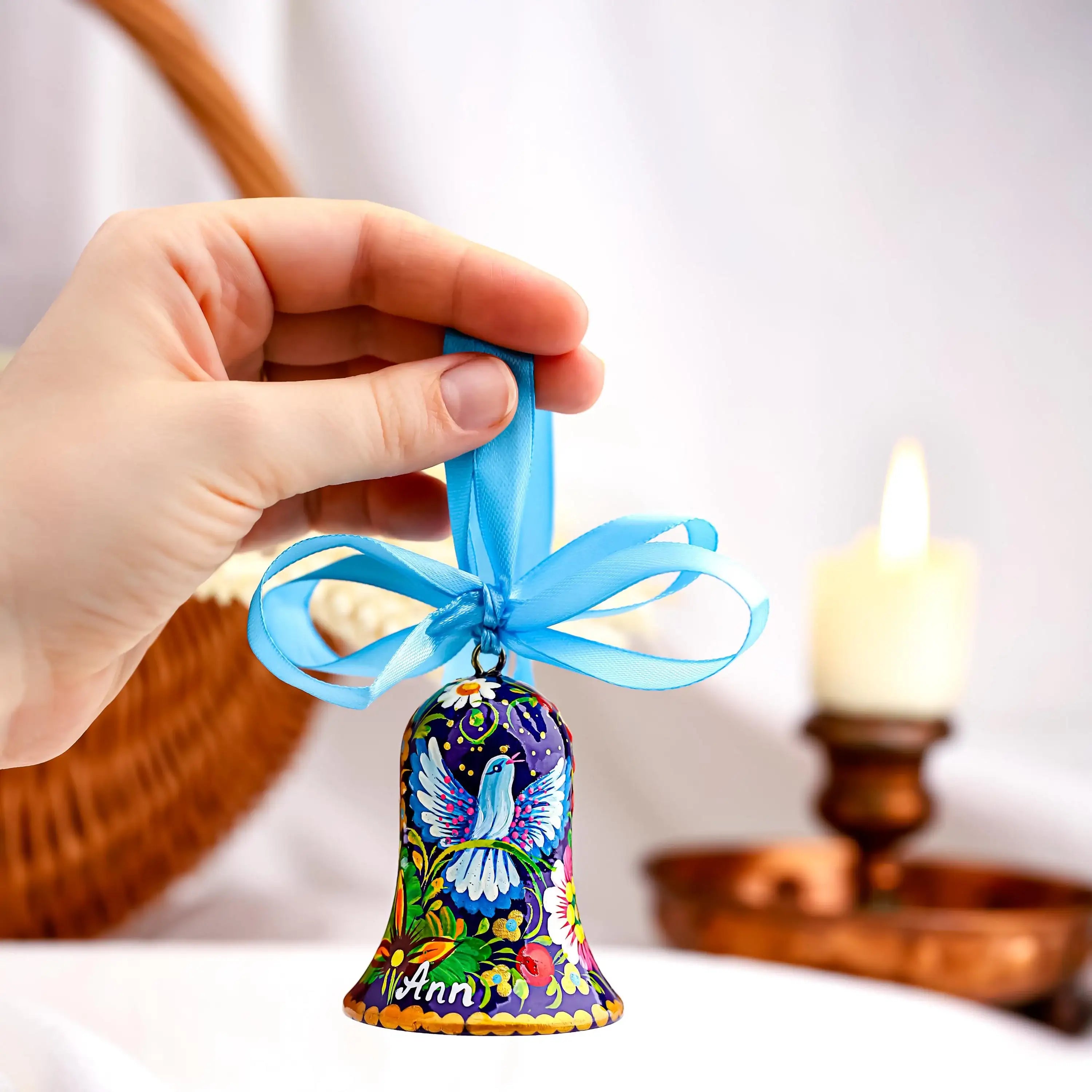 Personalized Dove Christmas Ornament - Painted Wooden Christmas Tree-shaped Decoration with Ukrainian Petrykivka Folk Art