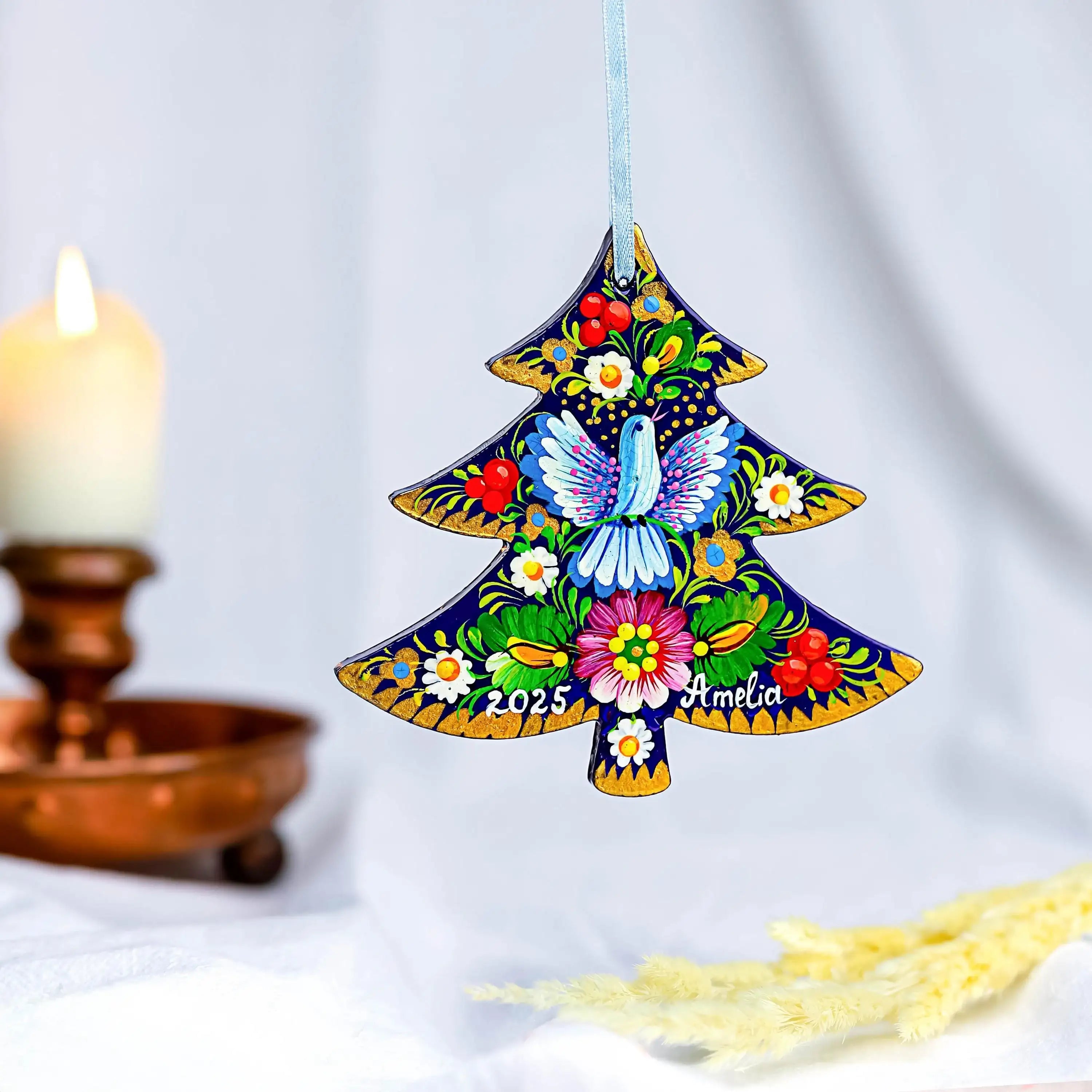 Personalized Dove Christmas Ornament - Painted Wooden Christmas Tree-shaped Decoration with Ukrainian Petrykivka Folk Art