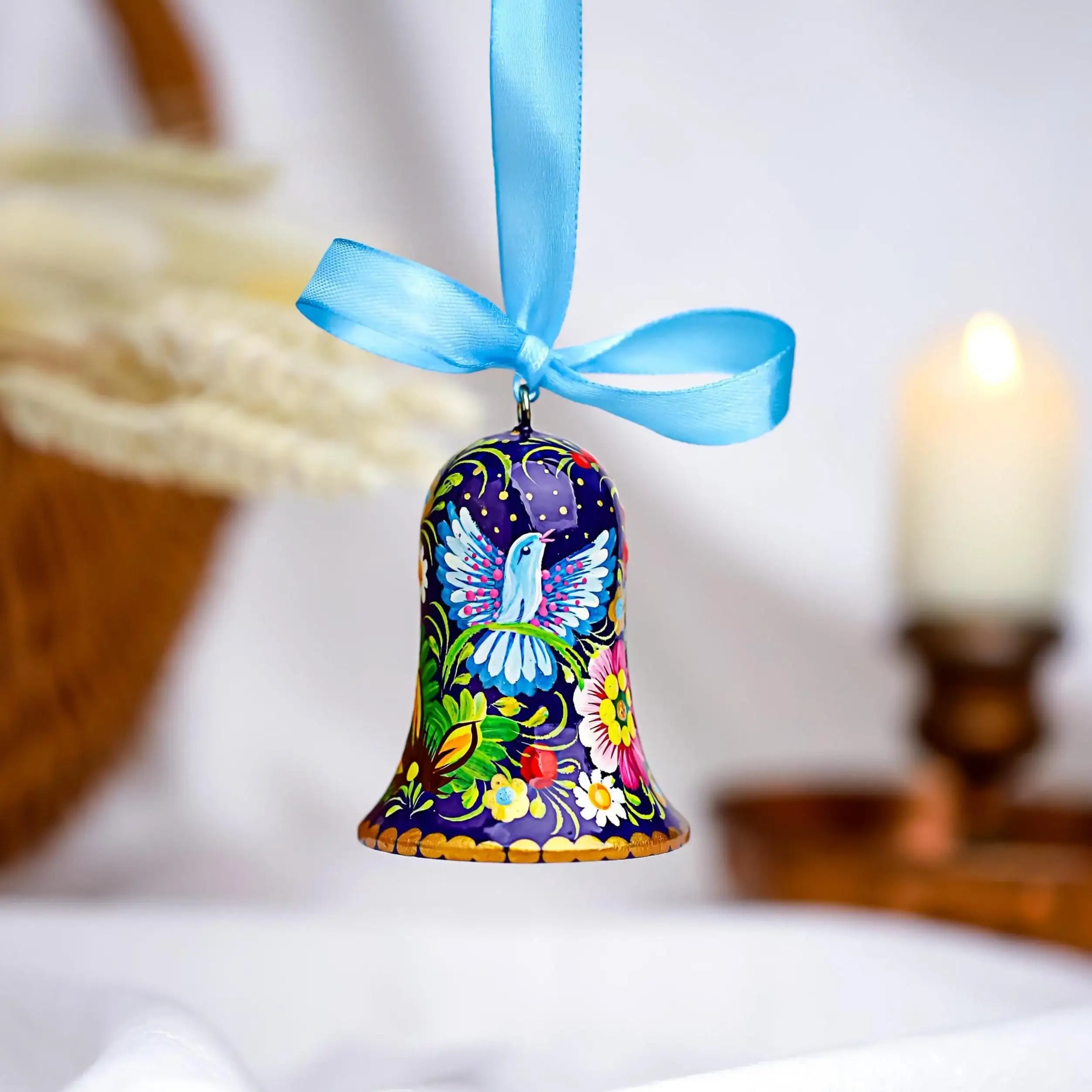 Personalized Dove Christmas Bell Ornament - Painted Wooden Christmas Bell Decoration with Ukrainian Petrykivka Folk Art