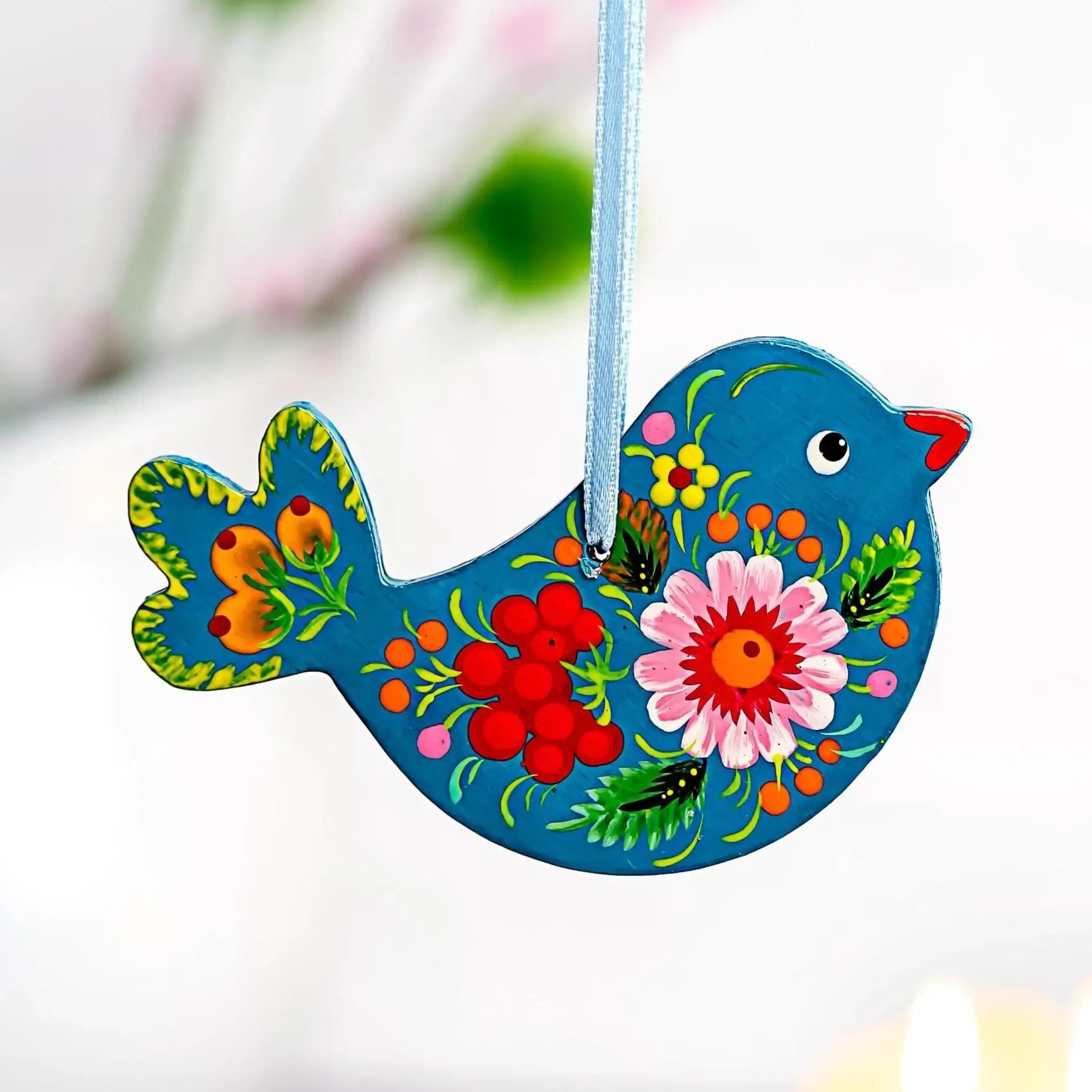 Painted Wooden Bird Christmas Ornament - Ukrainian Petrykivka Folk Art Christmas Decoration with Personalization Option