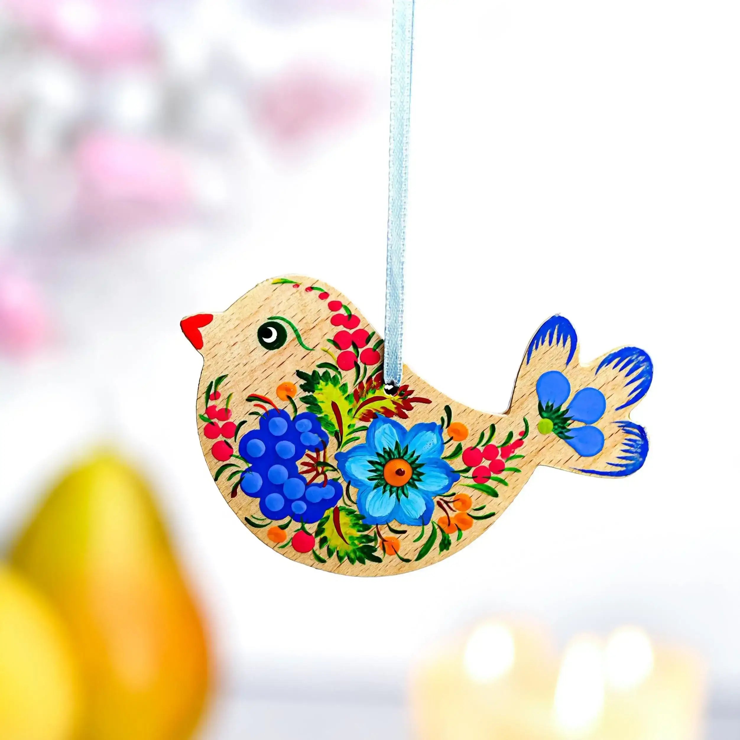 Personalized Wooden Bird Christmas Ornament - Hand-painted Chickadee with Ukrainian Petrykivka Folk Art