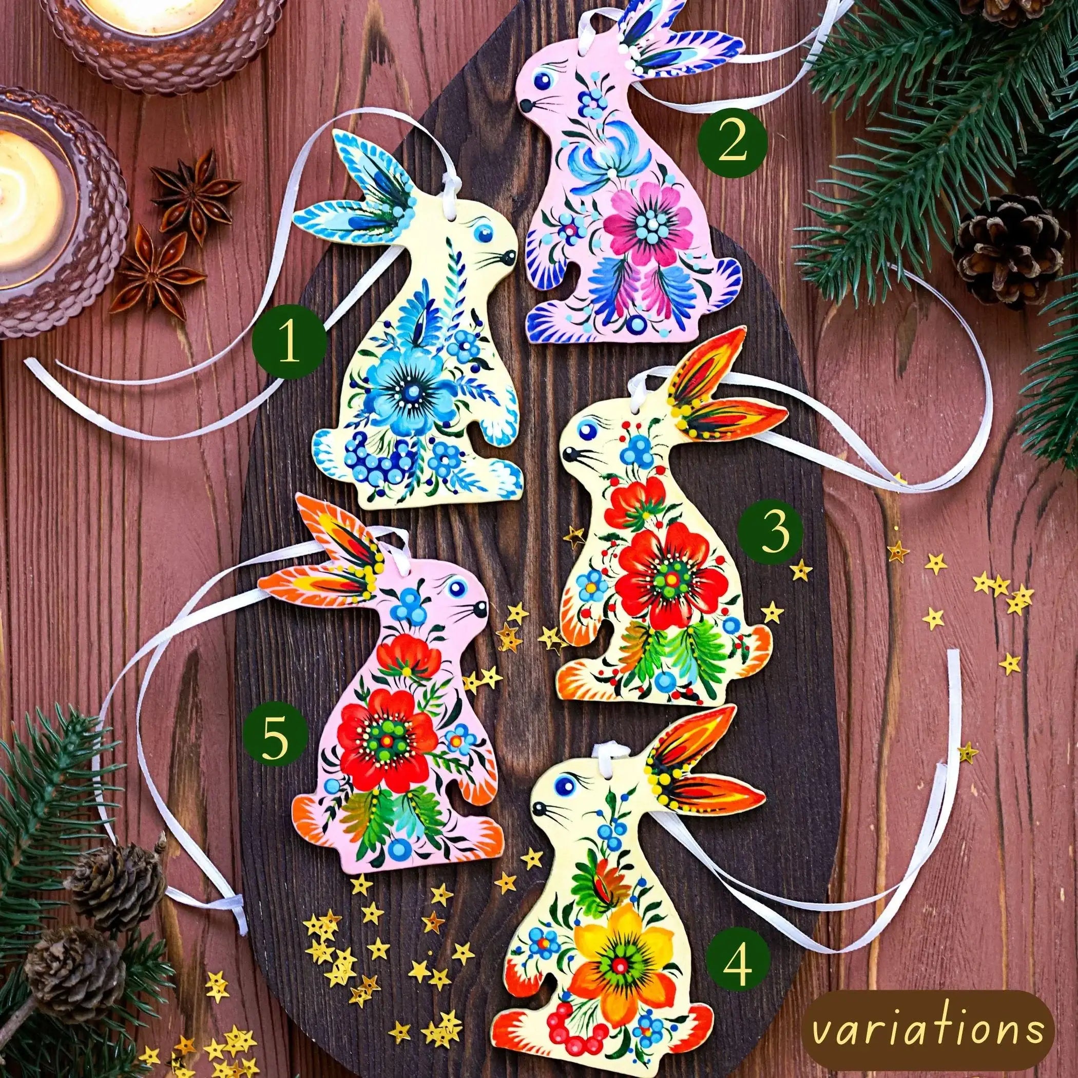 Personalized Wooden Bunny Christmas Ornament - Hand-painted Ukrainian Petrykivka Folk Art Christmas Tree Decoration