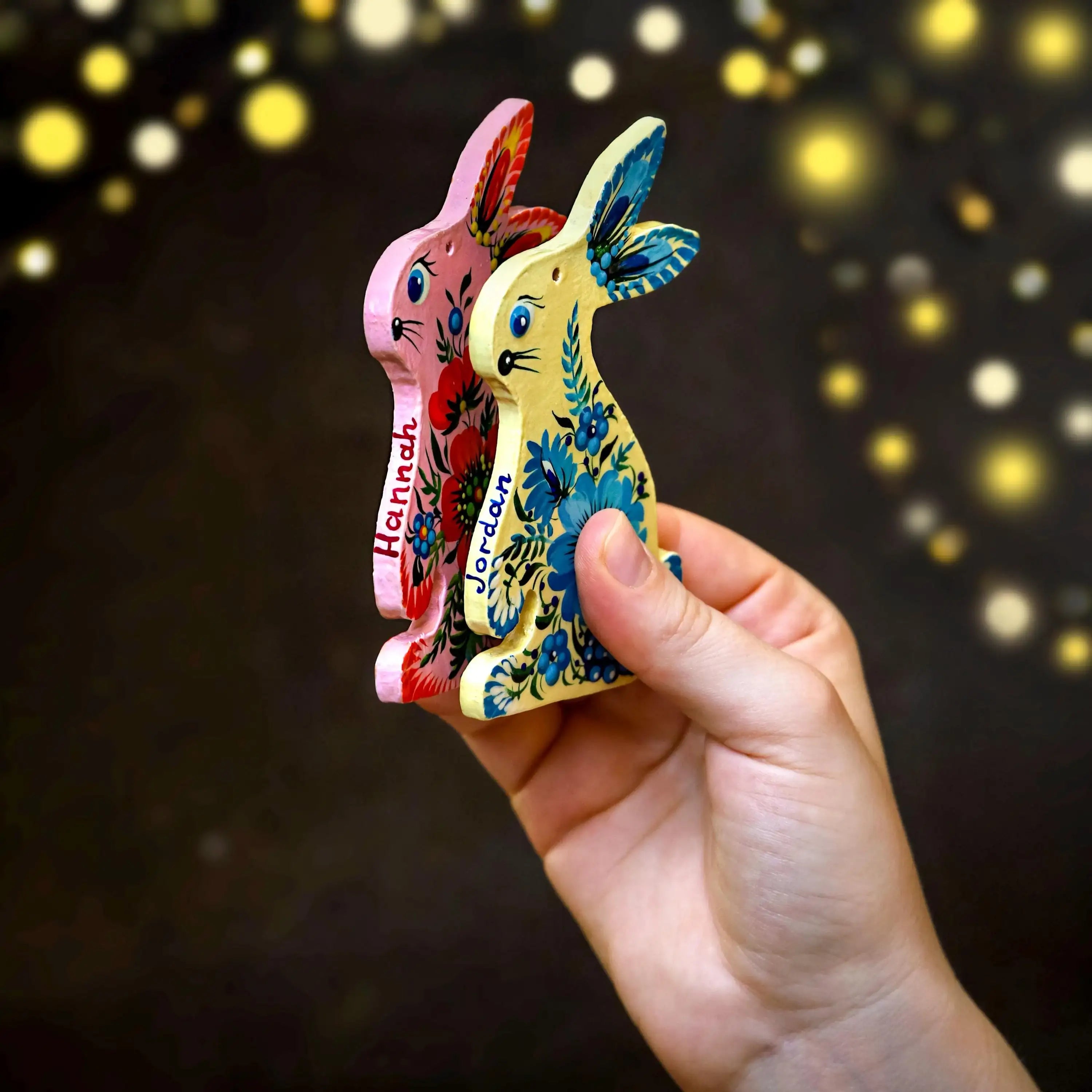 Personalized Wooden Bunny Christmas Ornament - Hand-painted Ukrainian Petrykivka Folk Art Christmas Tree Decoration