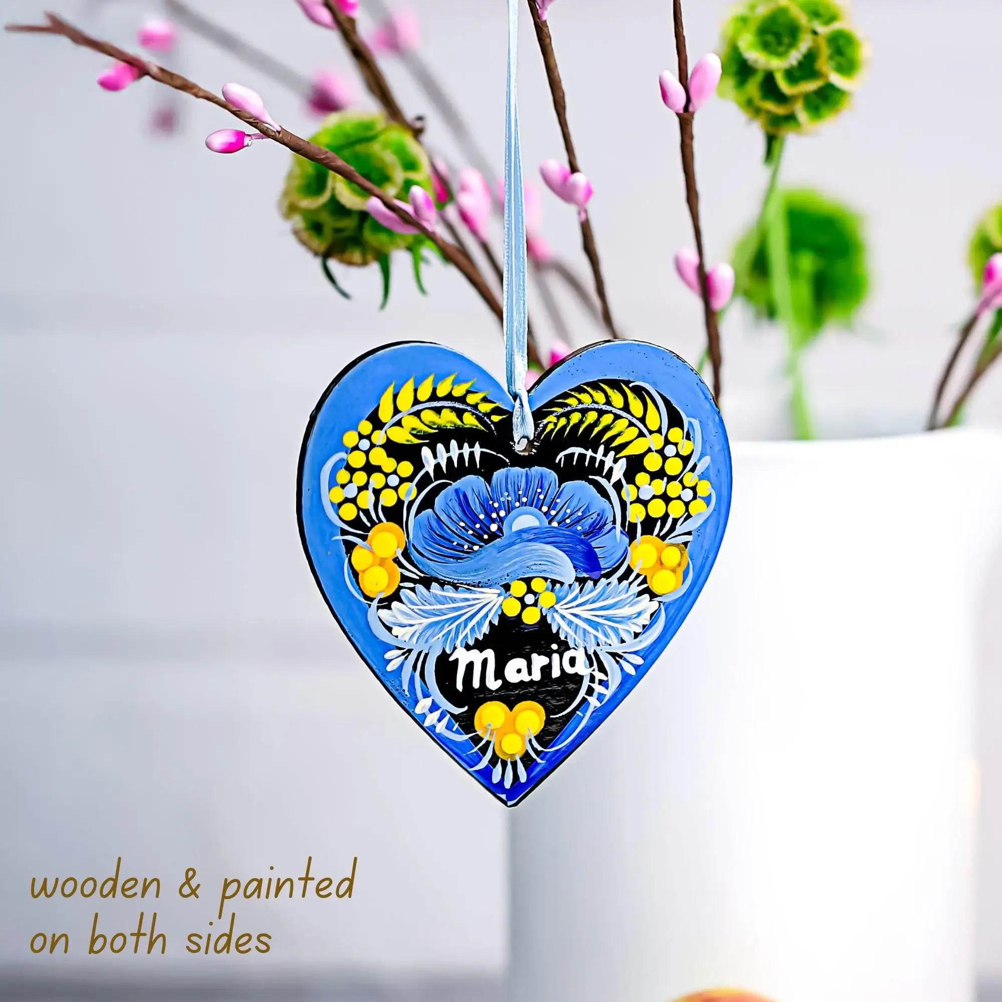 Personalized Heart Christmas Ornament - Hand-painted Wooden Ukrainian Petrykivka Folk Art Christmas Tree Decoration