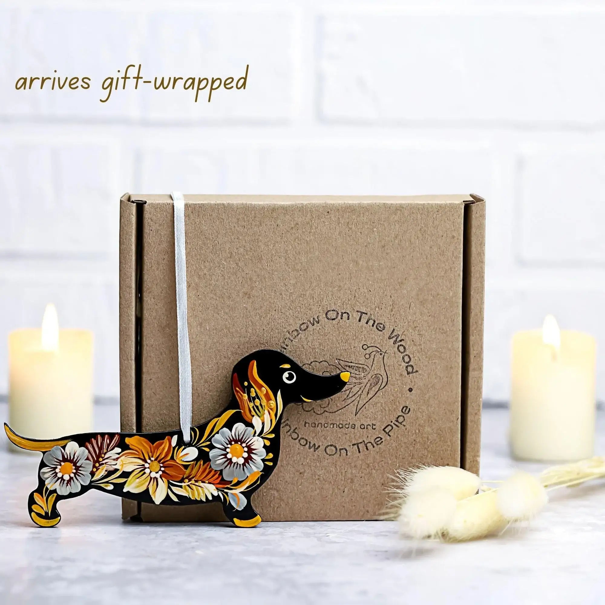 Personalized Dachshund Ornament Painted with Ukrainian Petrykivka Art - Wooden Dog Christmas Tree Decoration