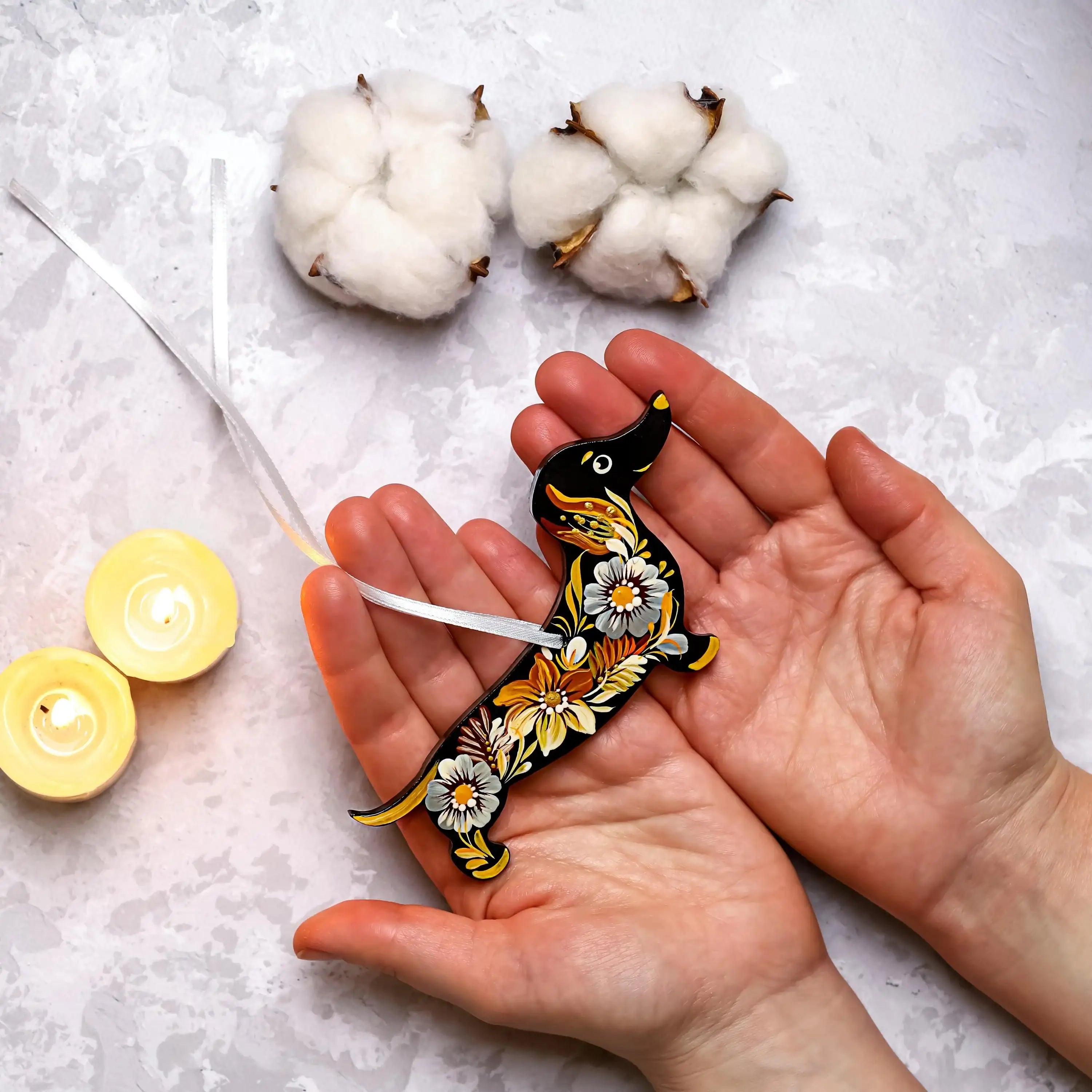 Personalized Dachshund Ornament Painted with Ukrainian Petrykivka Art - Wooden Dog Christmas Tree Decoration