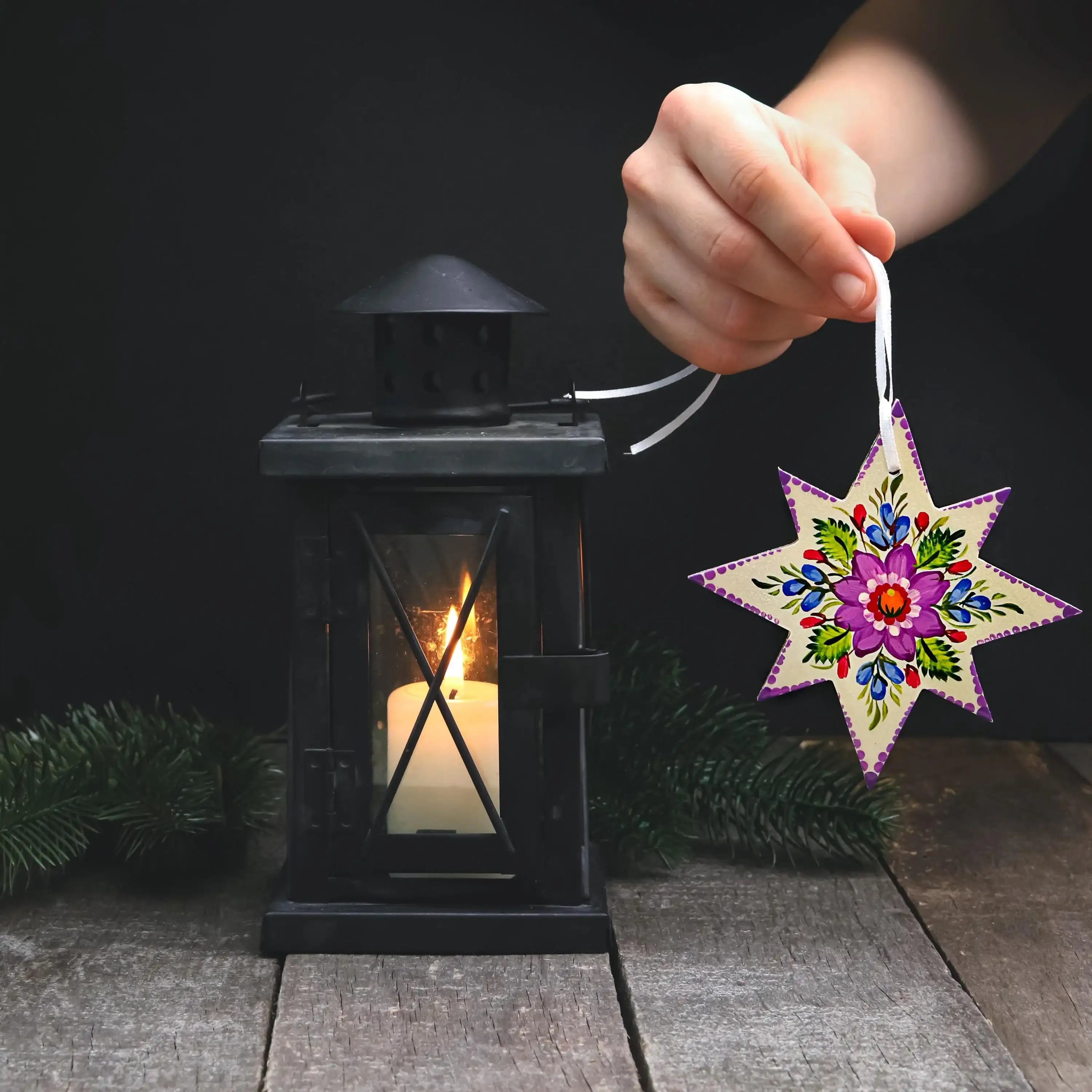 Painted Wooden Star Christmas Ornament - Ukrainian Petrykivka Folk Art Tree Decoration, Personalized Gift