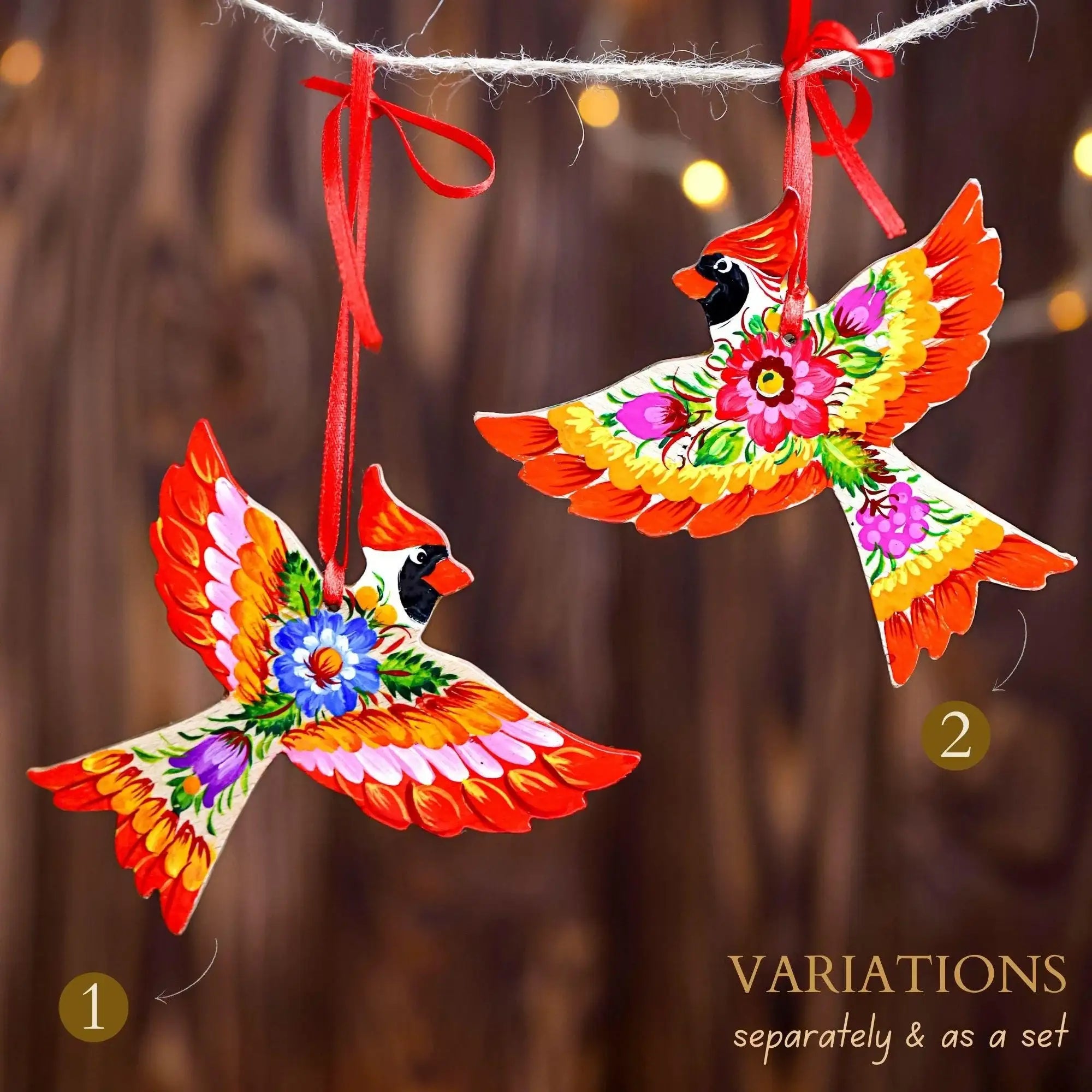 Cardinal Christmas Ornament - Hand-painted Wooden Bird Tree Decoration with Ukrainian Petrykivka Folk Art