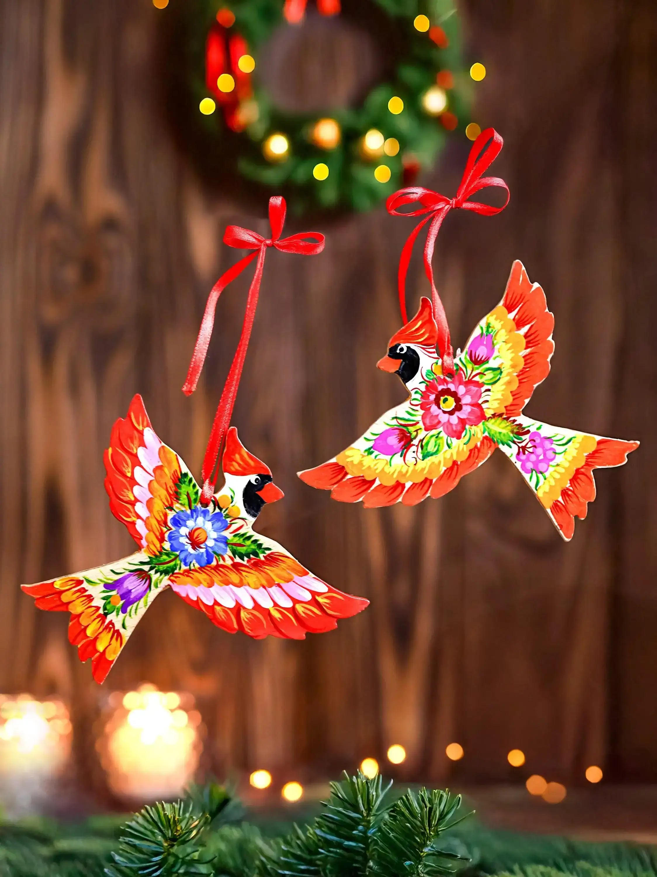 Cardinal Christmas Ornament - Hand-painted Wooden Bird Tree Decoration with Ukrainian Petrykivka Folk Art