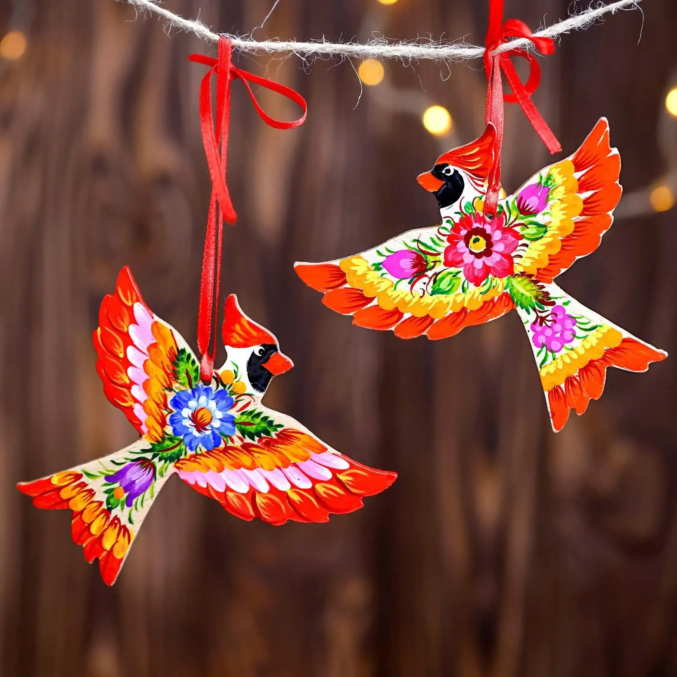 Cardinal Christmas Ornament - Hand-painted Wooden Bird Tree Decoration with Ukrainian Petrykivka Folk Art