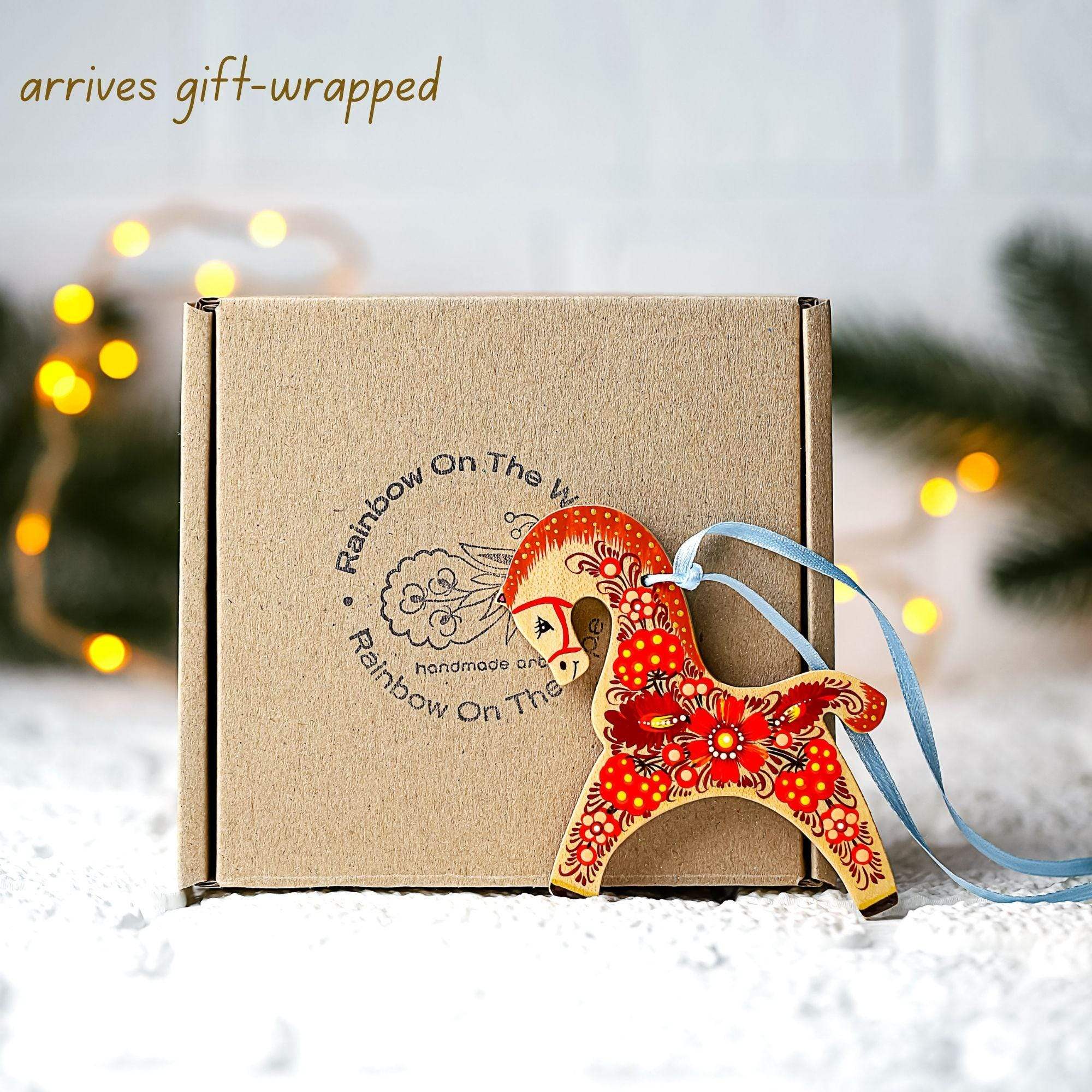 Painted Wooden Horse Christmas Ornament - Ukrainian Petrykivka Folk Art Tree Decoration, Personalized Gift