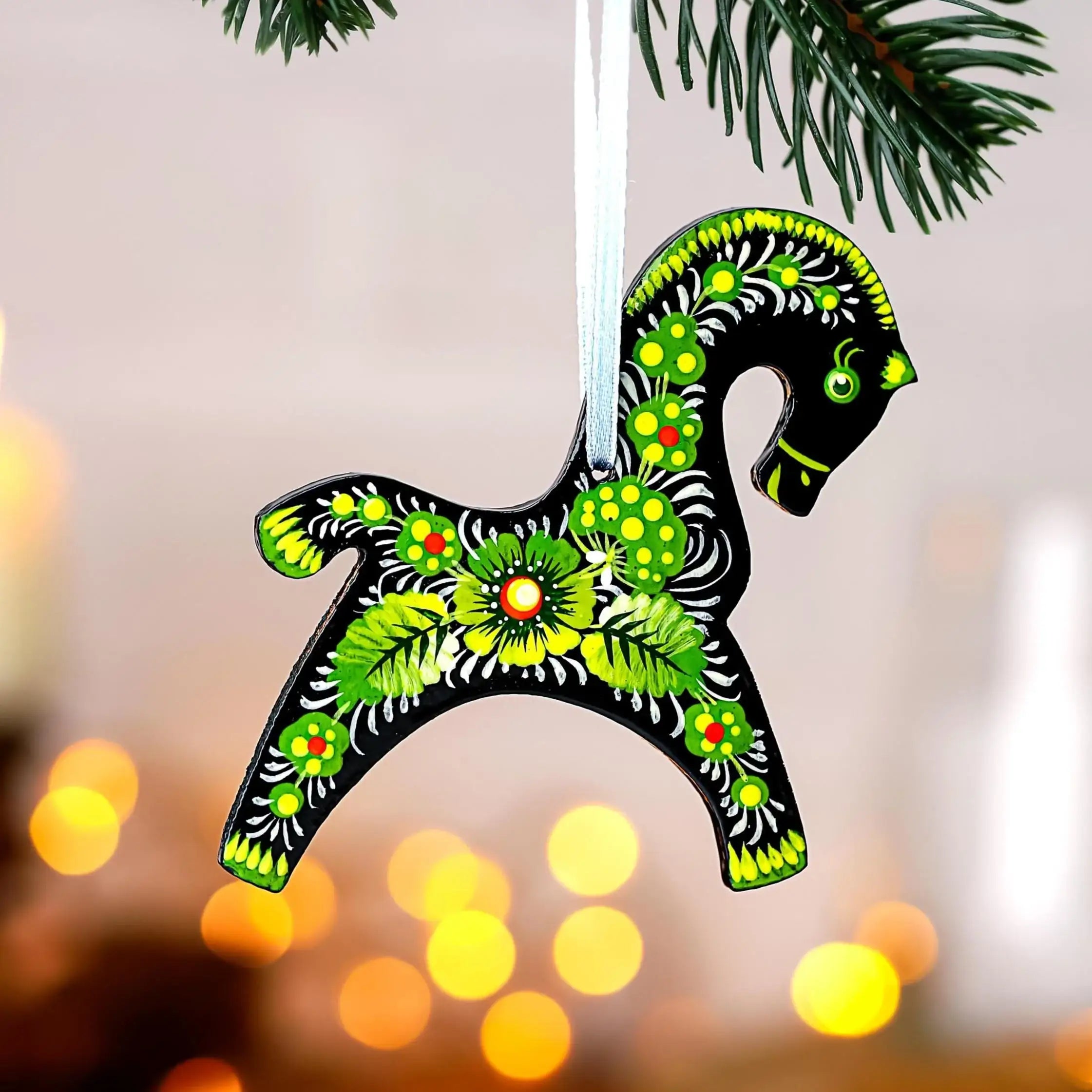 Painted Wooden Horse Christmas Ornament - Ukrainian Petrykivka Folk Art Tree Decoration, Personalized Gift