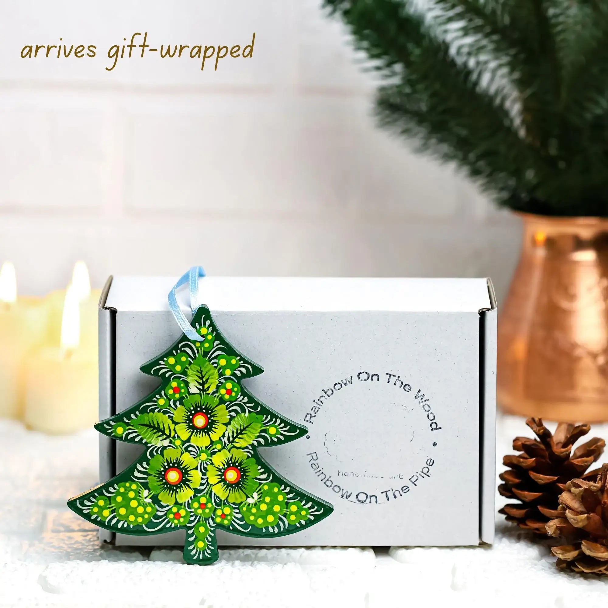 Painted Wooden Tree-Shaped Christmas Ornament - Ukrainian Petrykivka Folk Art Tree Decoration, Personalized Gift