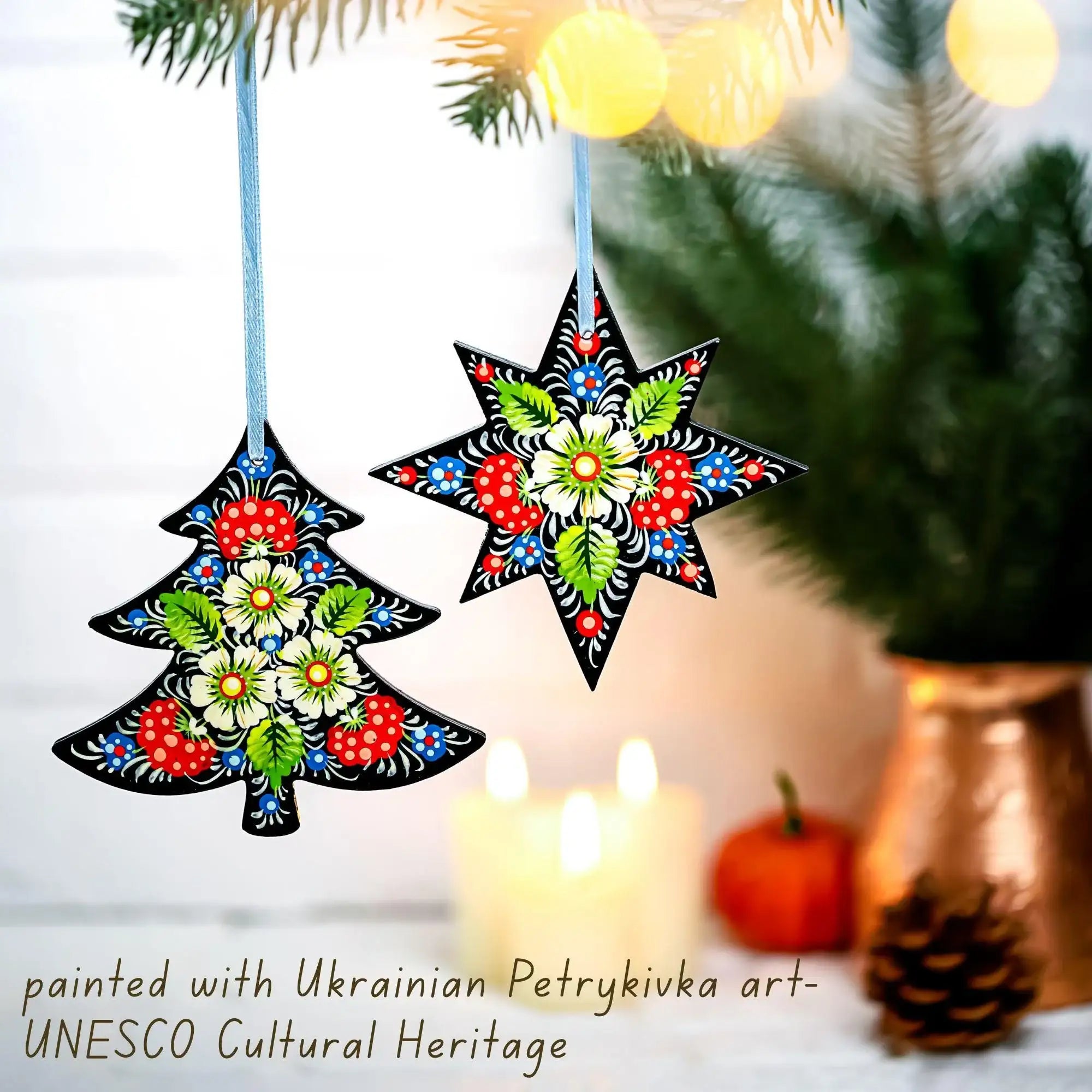 Painted Wooden Tree-Shaped Christmas Ornament - Ukrainian Petrykivka Folk Art Tree Decoration, Personalized Gift