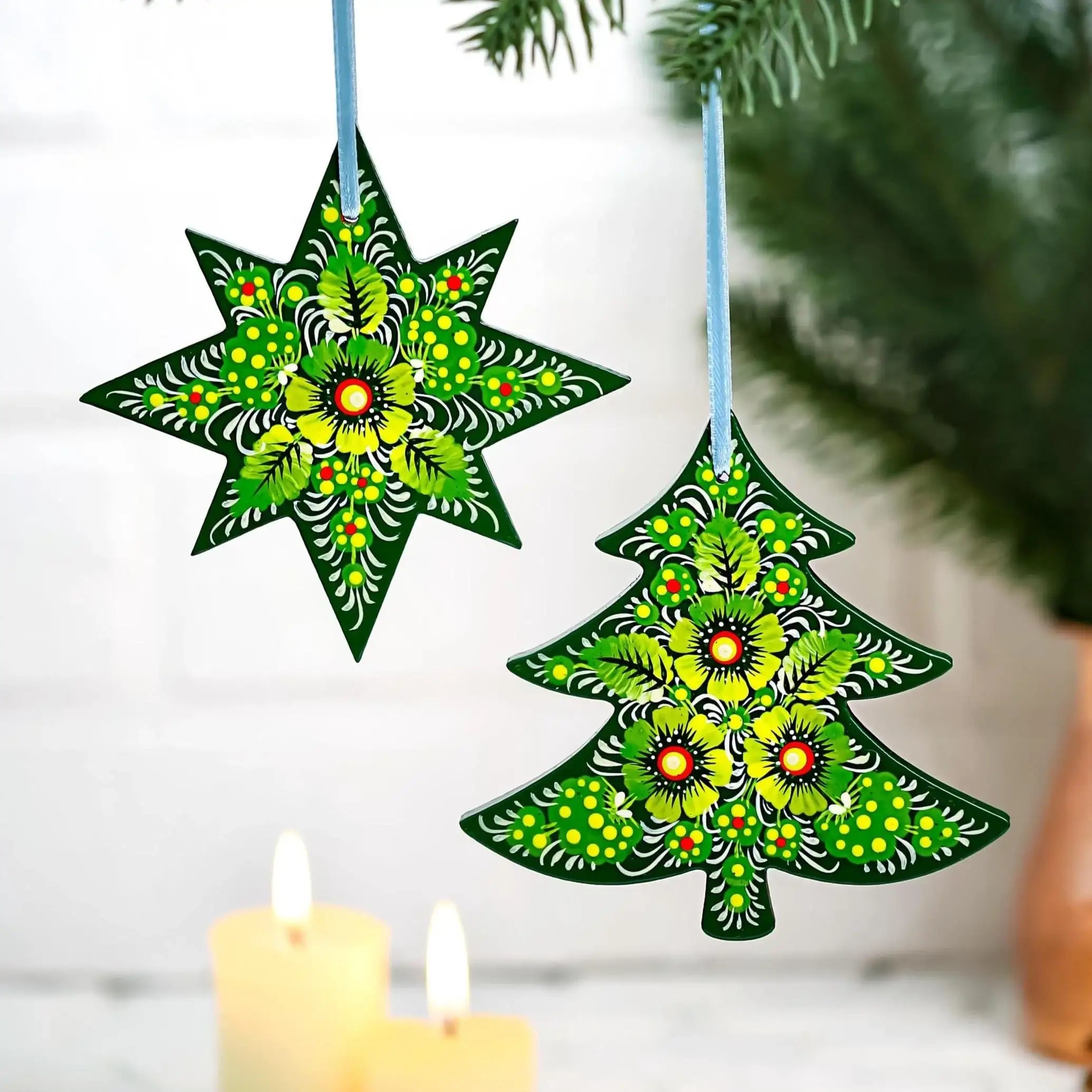 Painted Wooden Star Christmas Ornament - Ukrainian Petrykivka Folk Art Tree Decoration, Personalized Gift
