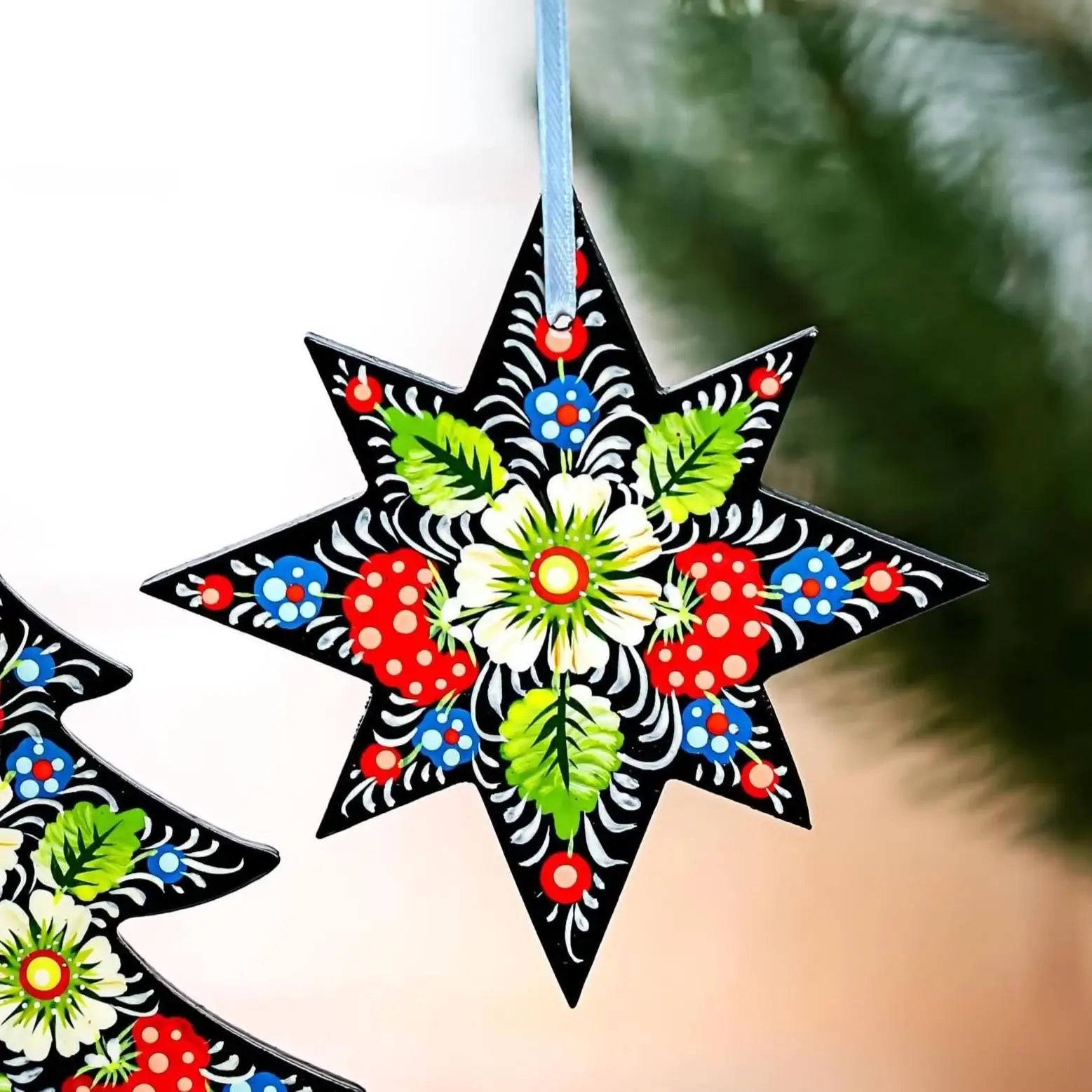 Painted Wooden Star Christmas Ornament - Ukrainian Petrykivka Folk Art Tree Decoration, Personalized Gift