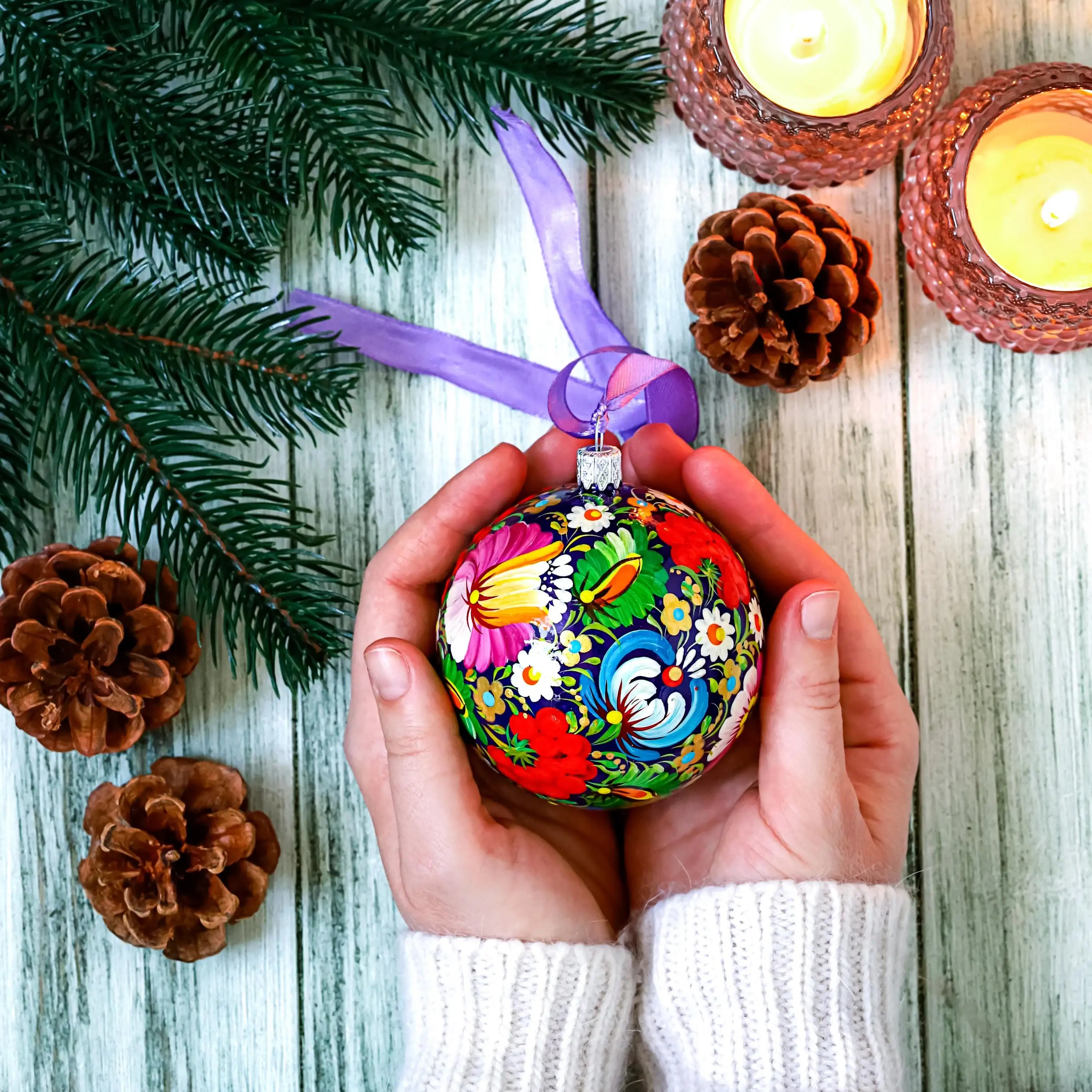 Personalized Dove Christmas Ball Ornament 3.14 in - Hand-painted Ukrainian Petrykivka Folk Art Tree Decoration