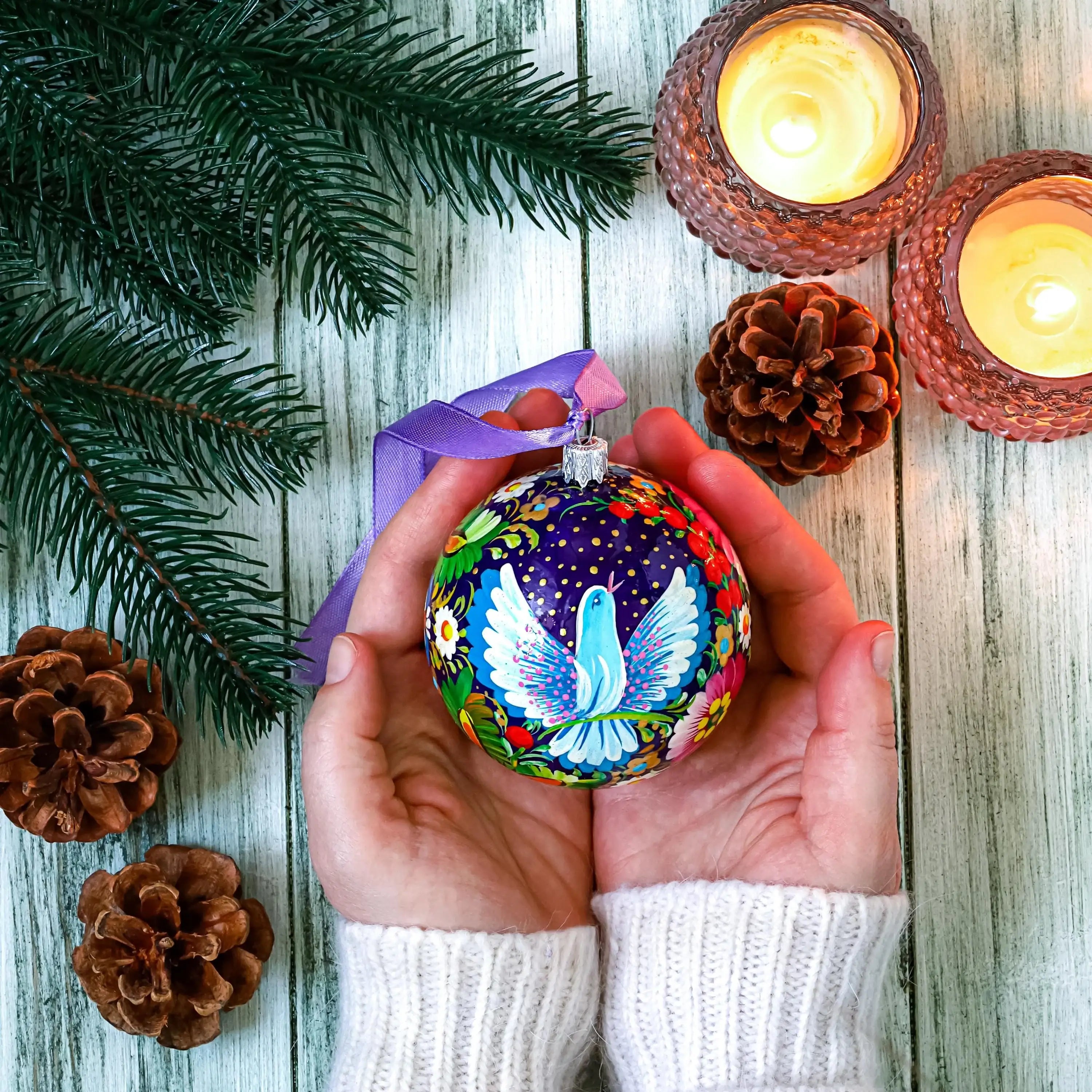 Personalized Dove Christmas Ball Ornament 3.14 in - Hand-painted Ukrainian Petrykivka Folk Art Tree Decoration