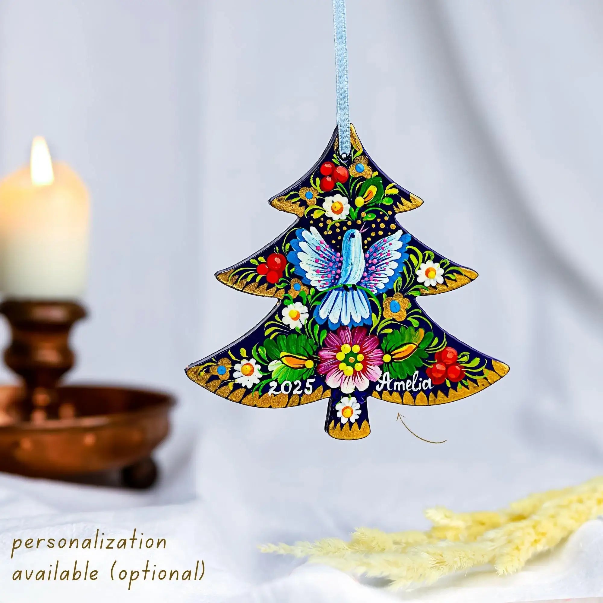 Personalized Dove Christmas Ornament - Painted Wooden Christmas Tree-shaped Decoration with Ukrainian Petrykivka Folk Art