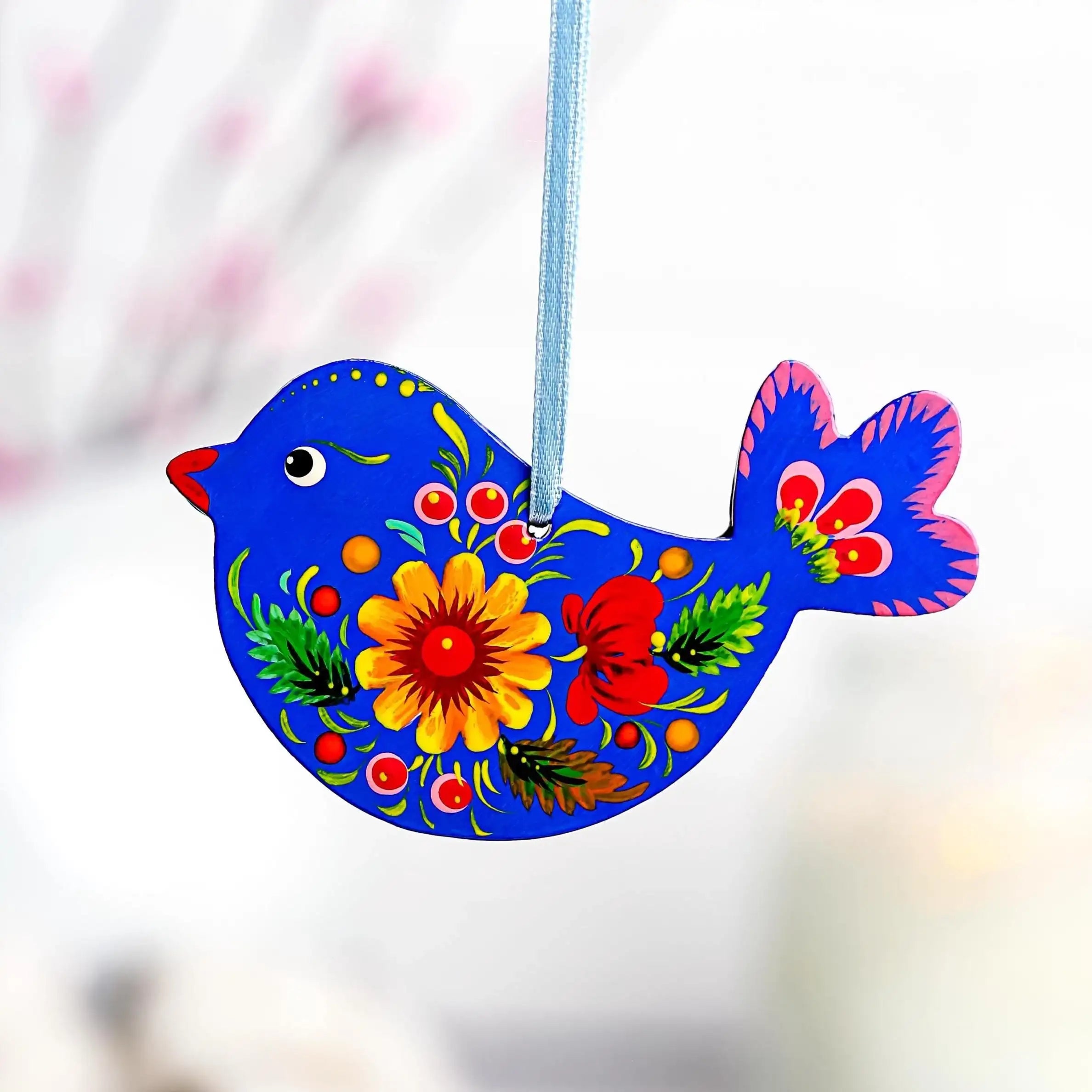 Painted Wooden Bird Christmas Ornament - Personalized Chickadee with Ukrainian Petrykivka Folk Art