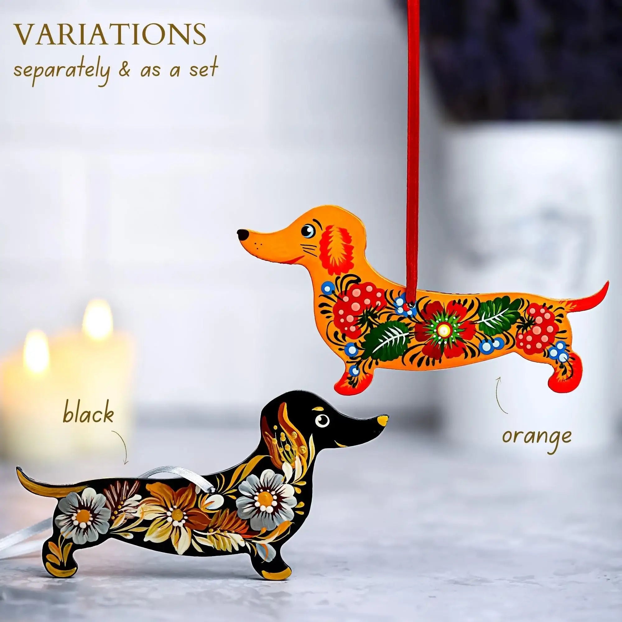 Wooden Dachshund Ornament Painted with Ukrainian Petrykivka Art - Personalized Dog Christmas Tree Decoration