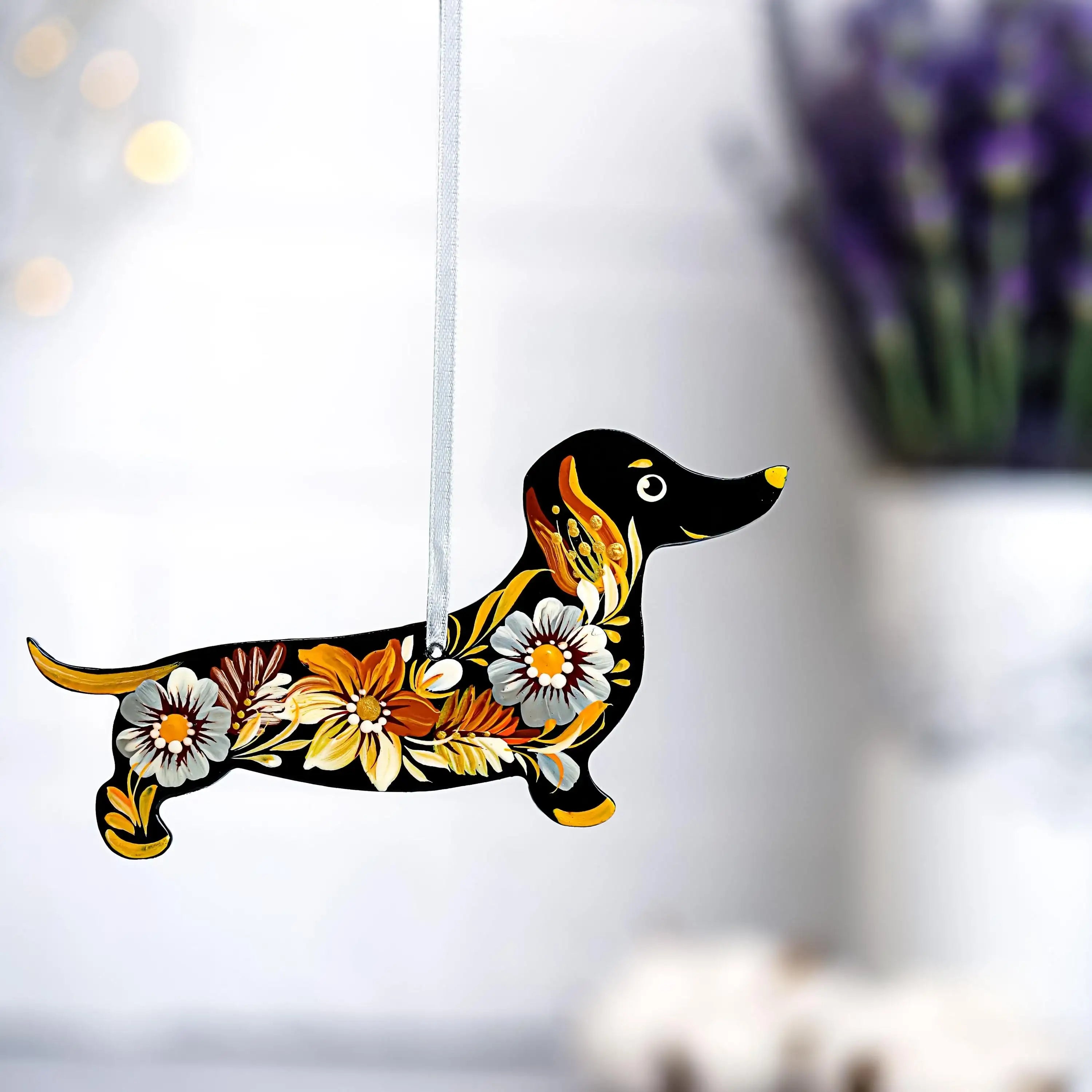 Personalized Dachshund Ornament Painted with Ukrainian Petrykivka Art - Wooden Dog Christmas Tree Decoration